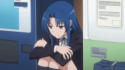kawashima ami, toradora!, animated, animated gif, anime screenshot, lowres, non-web source, 00s, blue hair, long hair, sitting, solo, vending machine