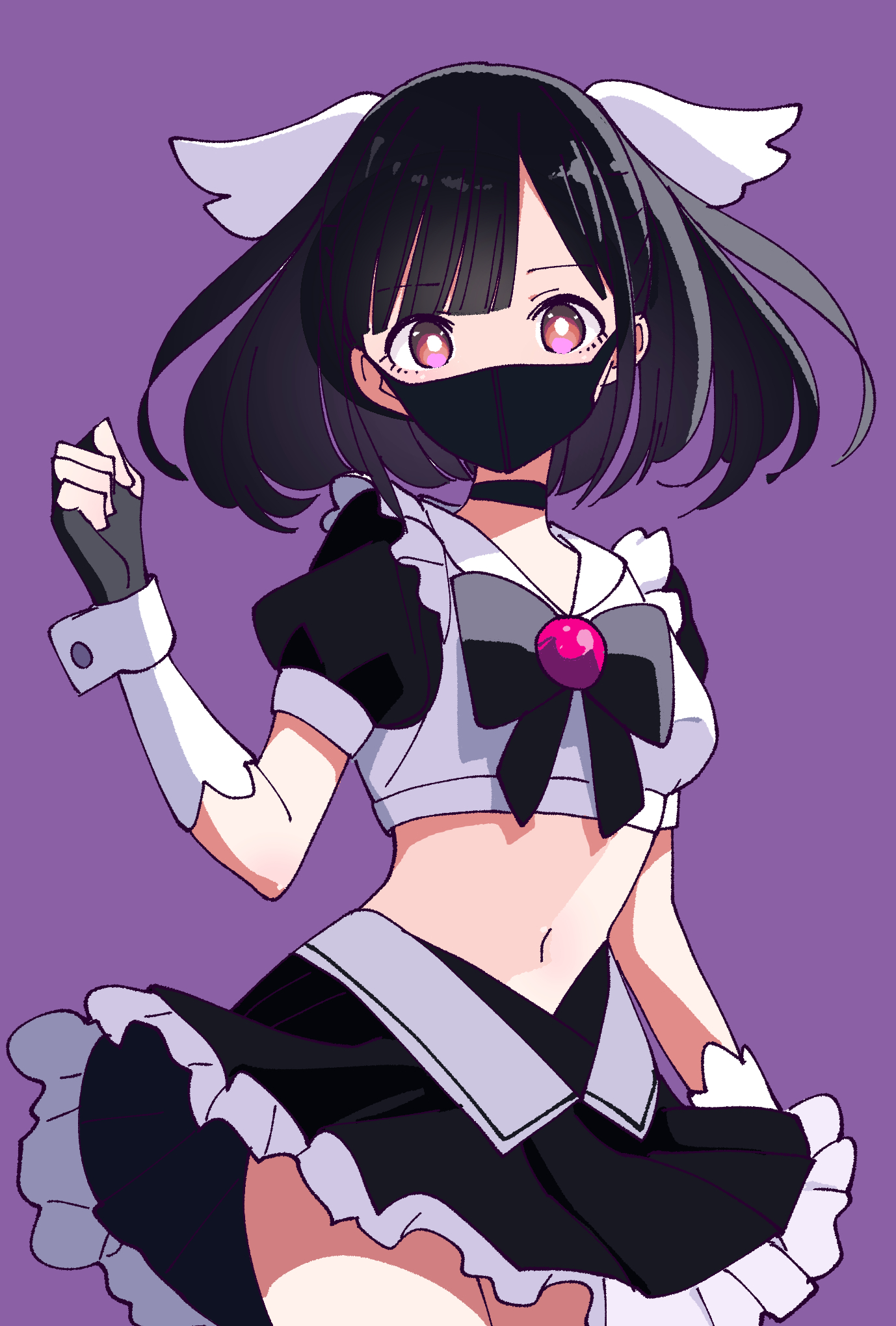 katsuwo (cr66g), chamcham (sutochiru), sutochiru, commentary request, highres, 1girl, black bow, black choker, black gloves, black hair, black mask, black shirt, black skirt, bow, breasts, brooch, choker, covered mouth, cowboy shot, elbow gloves, fingerless gloves, frills, gloves, hand up, head wings, jewelry, magical girl, mask, midriff, miniskirt, mouth mask, navel, pleated skirt, puffy short sleeves, puffy sleeves, purple background, red eyes, shirt, short hair, short sleeves, simple background, skirt, small breasts, solo, white wings, wings, wrist cuffs