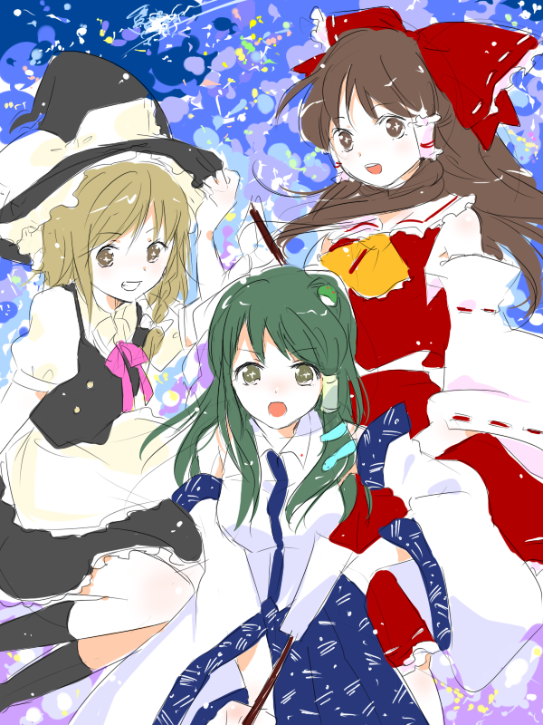 kazachiha, hakurei reimu, kirisame marisa, kochiya sanae, touhou, bad id, bad pixiv id, 3girls, female focus, multiple girls