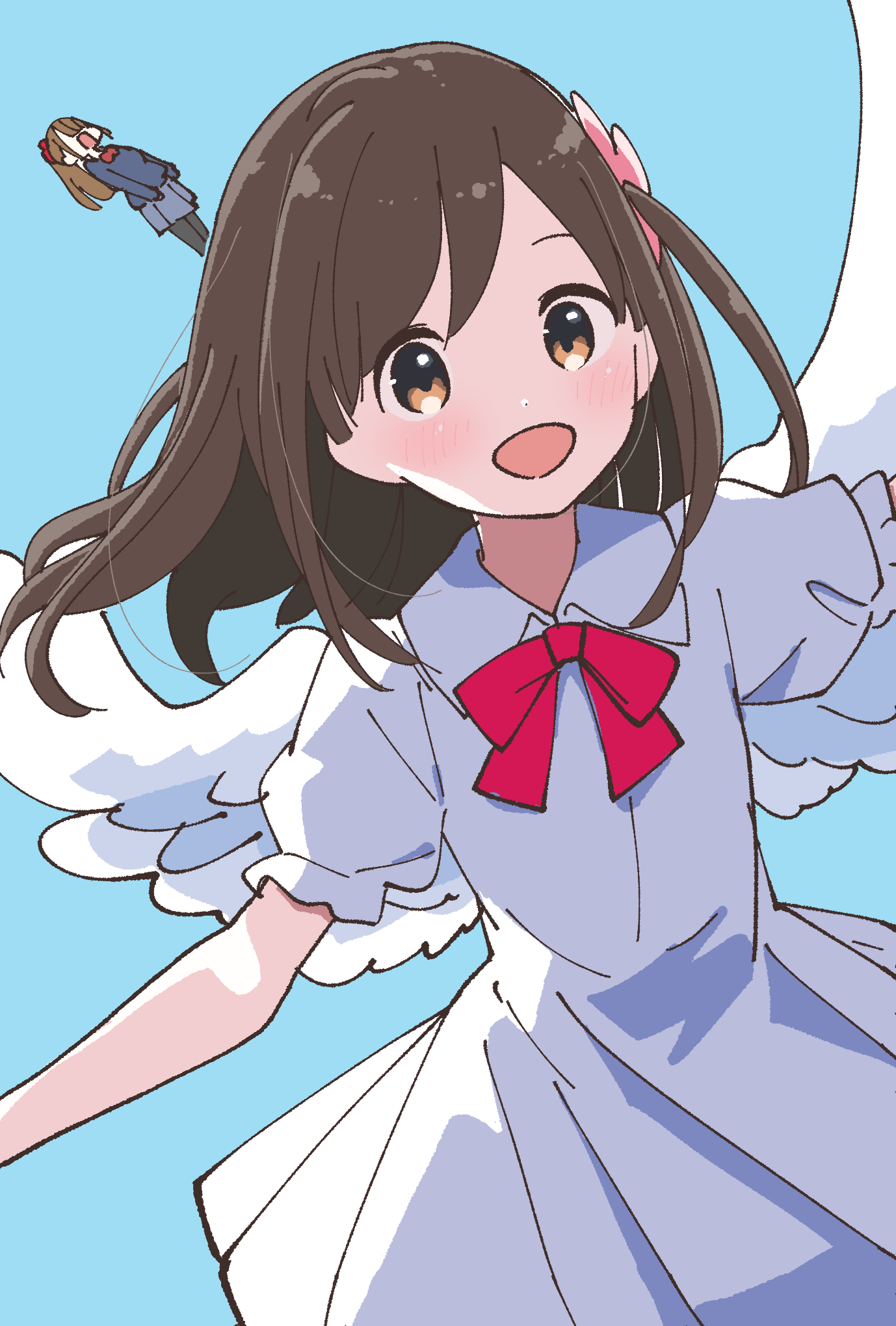 katsuwo (cr66g), hitori bocchi, honshou aru, hitoribocchi no marumaru seikatsu, commentary request, highres, 2girls, :d, alternate costume, angel wings, black pantyhose, blue background, blue sweater, blush, bow, bowtie, brown hair, collared dress, dot nose, dress, flower, grey skirt, hair flower, hair ornament, hair scrunchie, happy, long hair, looking at viewer, multiple girls, one side up, open mouth, pantyhose, pink flower, pleated dress, pleated skirt, ponytail, puffy short sleeves, puffy sleeves, red bow, red bowtie, red scrunchie, school uniform, scrunchie, short sleeves, simple background, skirt, smile, solo focus, split mouth, sweater, white dress, white wings, wings