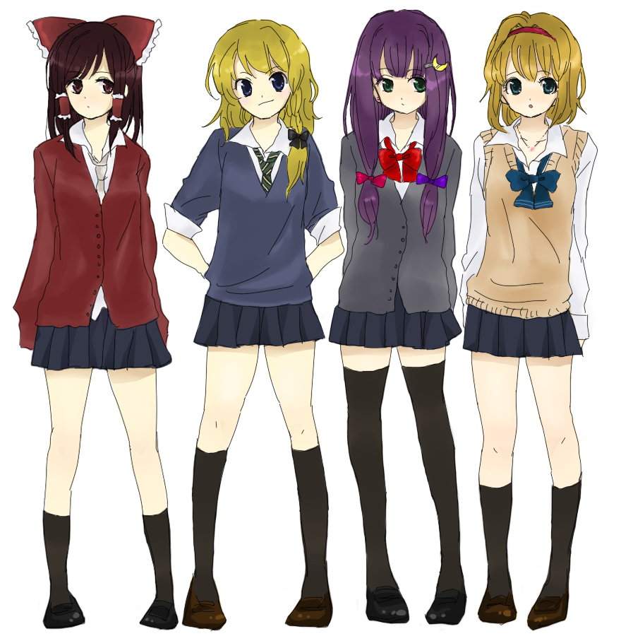 kazachiha, alice margatroid, hakurei reimu, kirisame marisa, patchouli knowledge, ichigo 100%, touhou, bad id, bad pixiv id, 00s, 4girls, alternate costume, blonde hair, casual, contemporary, crescent, crescent hair ornament, female focus, hair ornament, kneehighs, multiple girls, school uniform, skirt, sleeves rolled up, socks, thighhighs, zettai ryouiki