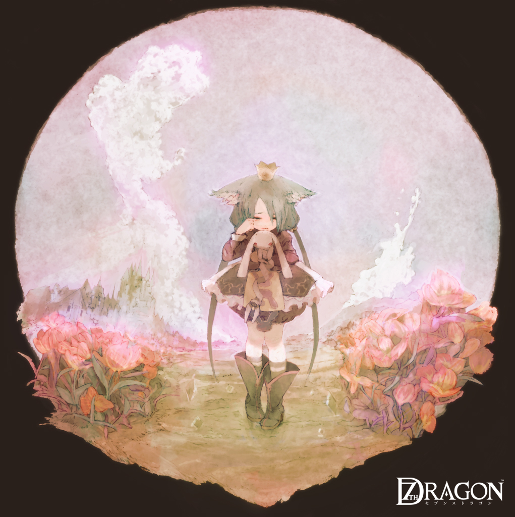 alphabet (alphabetnoon), soe (pixiv528714), momomeno (7th dragon), princess (7th dragon), 7th dragon, 7th dragon (series), 1girl, animal ears, boots, cat ears, copyright name, crown, female focus, floro (7th dragon), flower, holding, holding stuffed toy, rabbit, solo, stuffed animal, stuffed rabbit, stuffed toy, tears