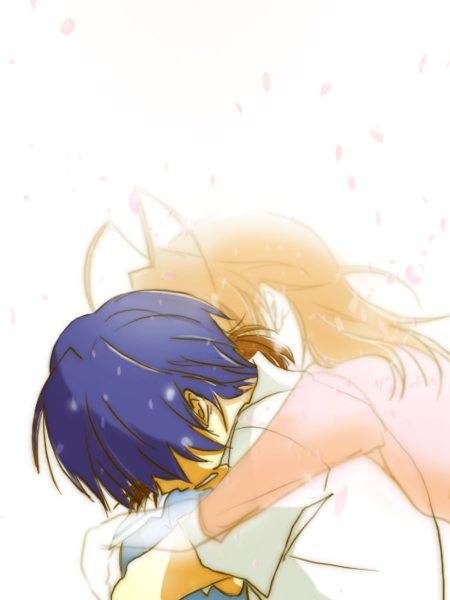 furukawa nagisa, okazaki tomoya, okazaki ushio, clannad, 00s, 1boy, 2girls, blue hair, brown hair, family, ghost, hug, husband and wife, multiple girls