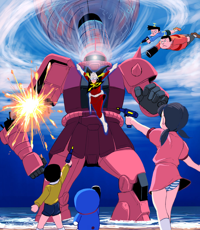 kouno (masao), char aznable, doraemon (character), gouda takeshi, honekawa suneo, minamoto shizuka, nobi nobita, zaku, zaku ii, zaku ii s char custom, doraemon, gundam, mobile suit gundam, bad id, bad pixiv id, 1girl, 4boys, ass, child, colony drop, crossover, eye mask, island 3, mask, multiple boys, o'neill cylinder, panties, striped clothes, striped panties, takecopter, underwear