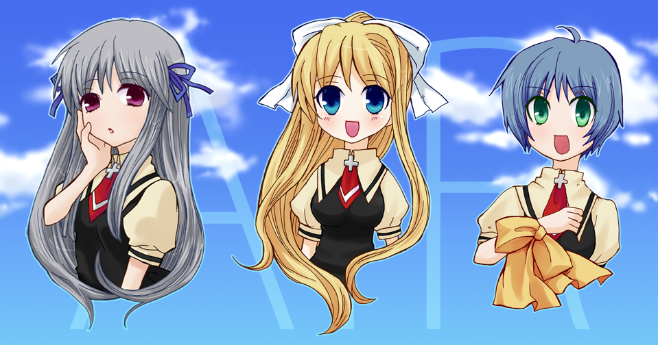 shimiko, kamio misuzu, kirishima kano, toono minagi, air (visual novel), bad id, bad pixiv id, 00s, day, ribbon, school uniform, sky