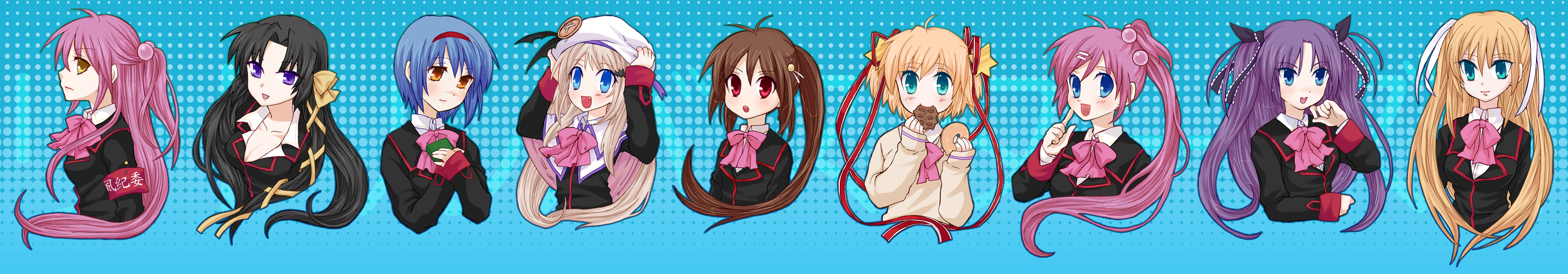 shimiko, futaki kanata, kamikita komari, kurugaya yuiko, natsume rin, nishizono mio, noumi kudryavka, saigusa haruka, sasasegawa sasami, tokido saya, little busters!, bad id, bad pixiv id, highres, long image, wide image, 6+girls, book, bow, hat, multiple girls, pink bow, school uniform