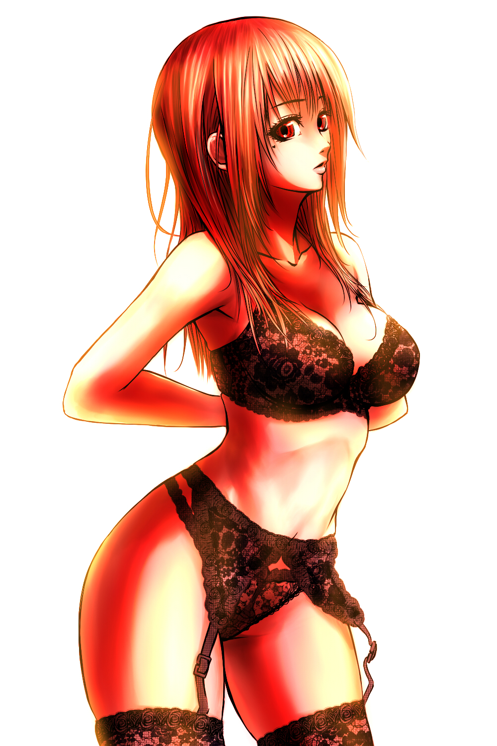 yasushi shin izumi, original, highres, 1girl, bra, breasts, cleavage, female focus, garter belt, large breasts, lingerie, long hair, panties, red eyes, red hair, solo, standing, thighhighs, underwear, underwear only, undressing