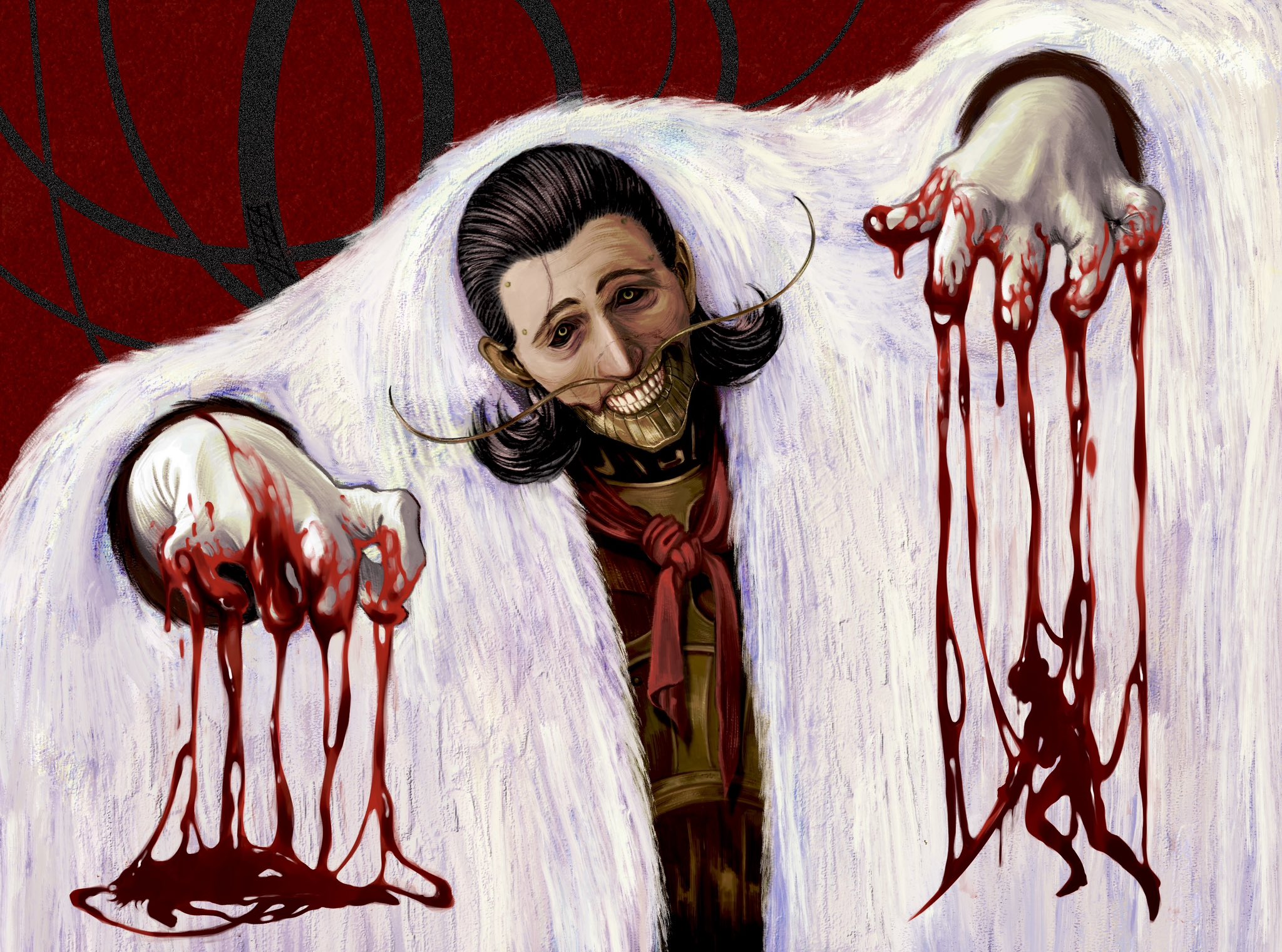 lies of p, lies of p: overture, commentary, english commentary, highres, 1girl, 2boys, arlecchino the blood artist, black hair, black sclera, blood, coat, colored sclera, evil smile, horror (theme), lantherodon, lea florence monad, looking at viewer, marionette, multiple boys, puppet, red background, romeo (lies of p), smile, standing, white coat