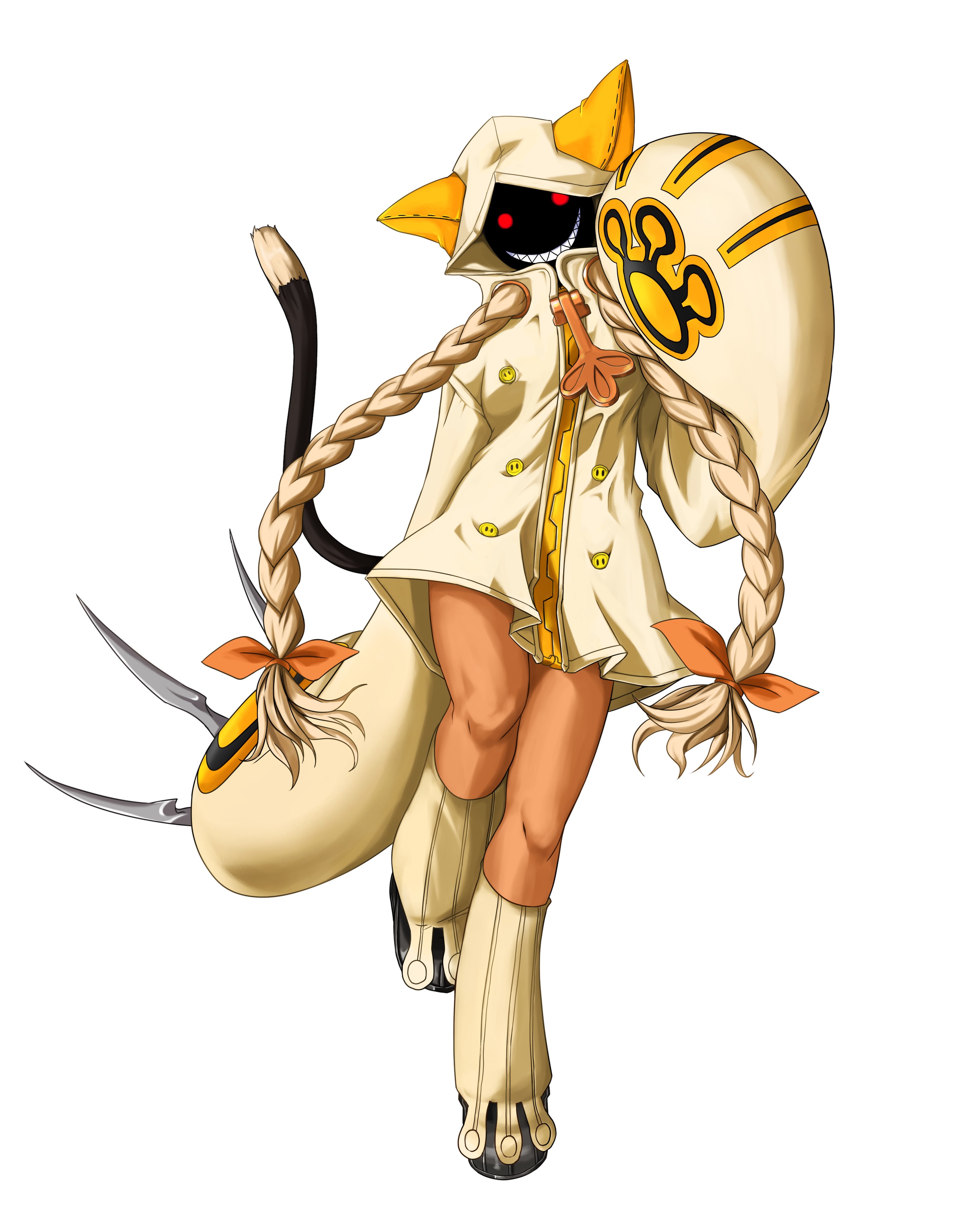 mori toshimichi, taokaka, arc system works, blazblue, blazblue: calamity trigger, absurdres, highres, official art, 1girl, animal ears, animal hood, blonde hair, braid, cat hood, cat tail, claws, coat, dark-skinned female, dark skin, evil grin, evil smile, female focus, glowing, glowing eyes, grin, hair ribbon, hood, hoodie, kneehighs, legs, long hair, long sleeves, red eyes, ribbon, simple background, smile, socks, solo, standing, standing on one leg, tail, twin braids, very long hair, weapon, zipper