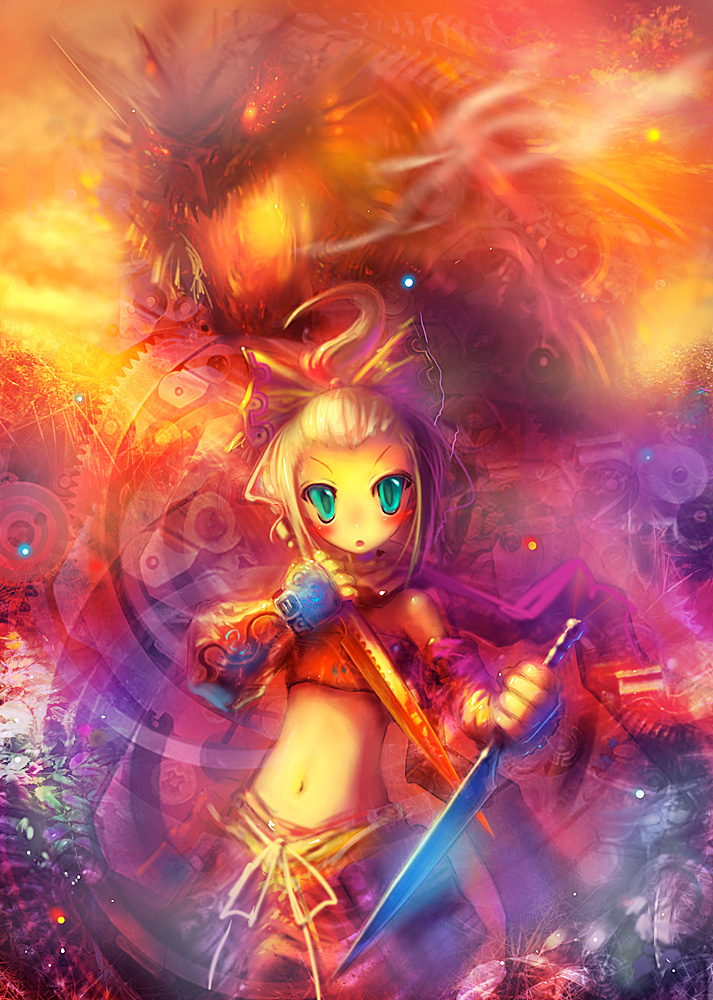tanaka ken'ichi, hatch (7th dragon), rogue (7th dragon), 7th dragon, 7th dragon (series), blade, 1girl, aqua eyes, blonde hair, bow, colorful, dagger, dragon, female focus, fingerless gloves, forehead, gloves, hair bow, high ponytail, knife, midriff, navel, pants, ponytail, solo, weapon