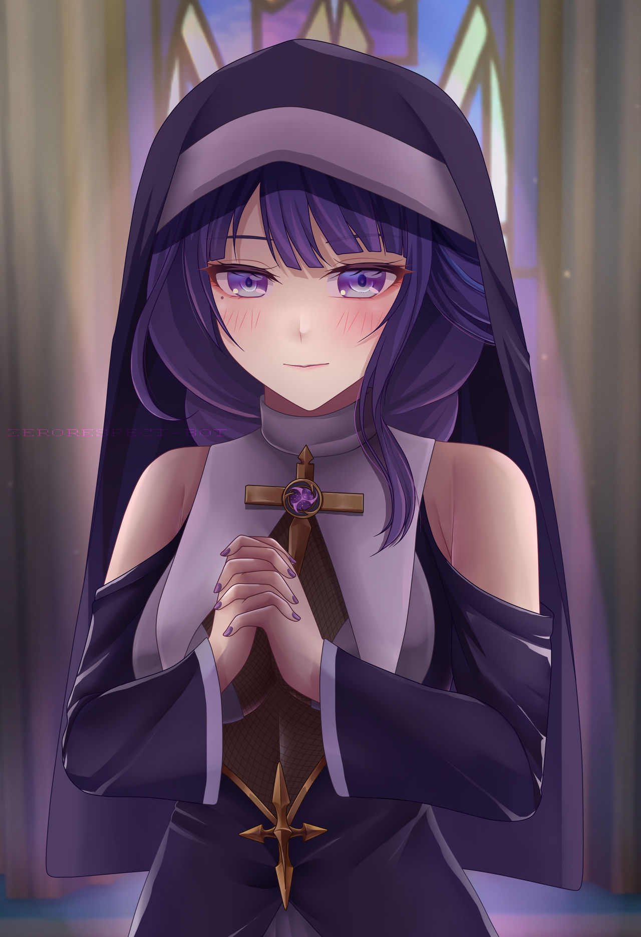zephylyne, raiden shogun, genshin impact, highres, 1girl, alternate costume, alternate universe, armpit crease, bare shoulders, blunt bangs, blurry, blurry background, blush, braid, closed mouth, cross, cross pendant, detached sleeves, gradient hair, holding own hand, indoors, jewelry, light particles, light smile, long braid, long hair, long sleeves, looking at viewer, mitsudomoe (shape), mole, mole under eye, multicolored eyes, multicolored hair, nun, pendant, praying, purple eyes, purple hair, purple nails, shade, shy, single braid, solo, standing, streaked hair, tomoe (symbol), upper body, veil, wide sleeves