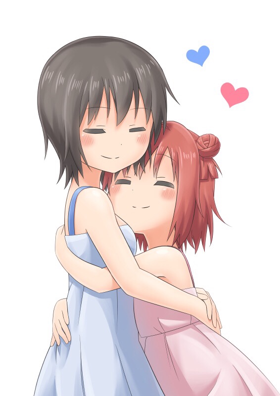 dokka no kuni no kokuou, akaza akari, funami yui, yuruyuri, commentary request, 2girls, ahoge, bare shoulders, blue dress, blush, breasts, brown hair, dress, from side, hair bun, hair ornament, happy, head on chest, heads together, heart, height difference, hug, medium breasts, multiple girls, pink dress, red hair, short hair, simple background, sleeveless, sleeveless dress, smile, white background, yuri