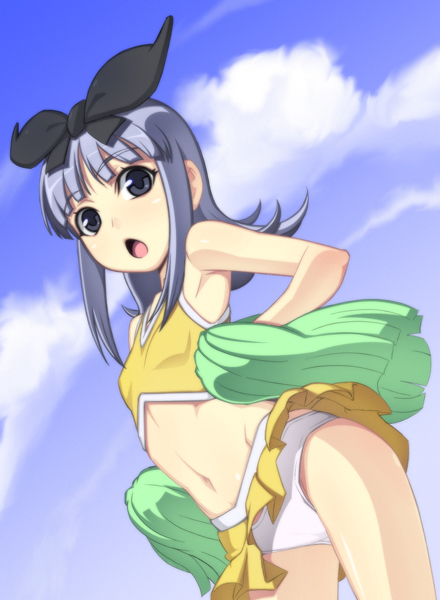 caryo, nanashino, coopa, druaga no tou, light purple hair, 1girl, :o, armpits, blue eyes, blue hair, cheerleader, cloud, crop top, day, female focus, flat chest, matching hair/eyes, midriff, open mouth, panties, pantyshot, pom pom (cheerleading), ribbon, short hair, skirt, sky, solo, underwear, upskirt, white panties
