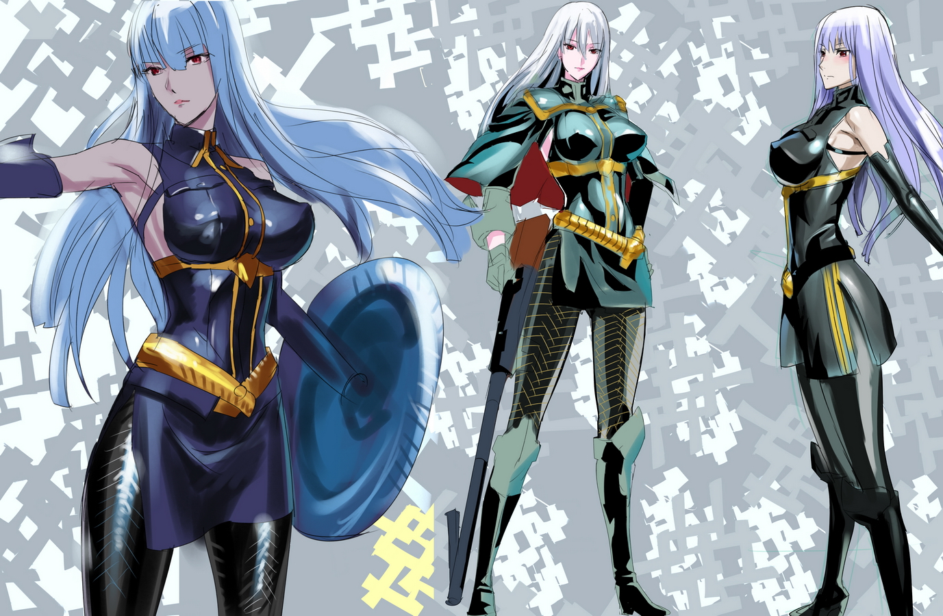 makacoon, selvaria bles, senjou no valkyria, senjou no valkyria (series), senjou no valkyria 1, derivative work, 00s, armpits, breasts, large breasts, long hair, pantyhose, red eyes, shield, shiny clothes, skin tight, white hair