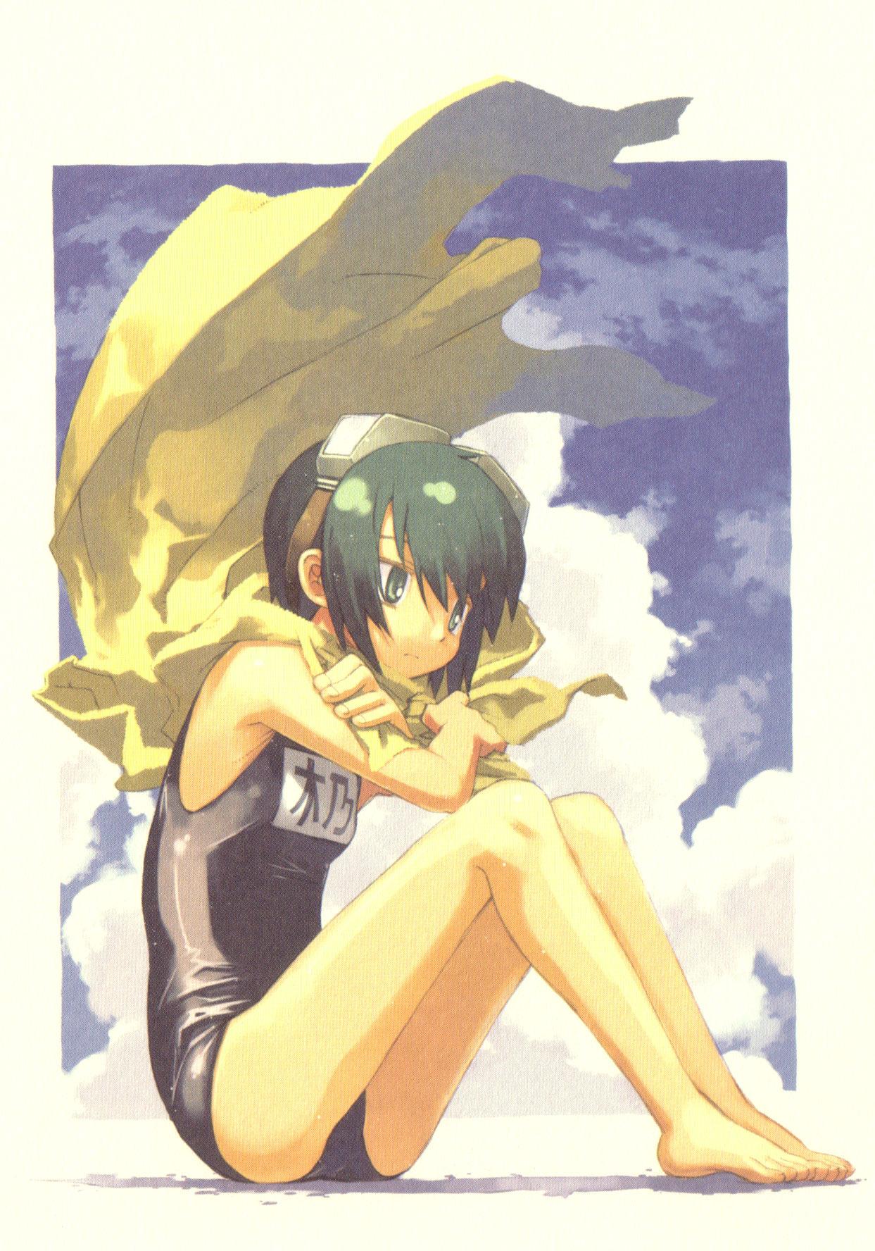 kuroboshi kouhaku, kino (kino no tabi), gakuen kino, kino no tabi, highres, official art, scan, 00s, 1girl, barefoot, black school swimsuit, cloud, coat, crossed arms, feet, female focus, goggles, goggles on head, long legs, one-piece swimsuit, outdoors, school swimsuit, short hair, sitting, sky, solo, swimsuit