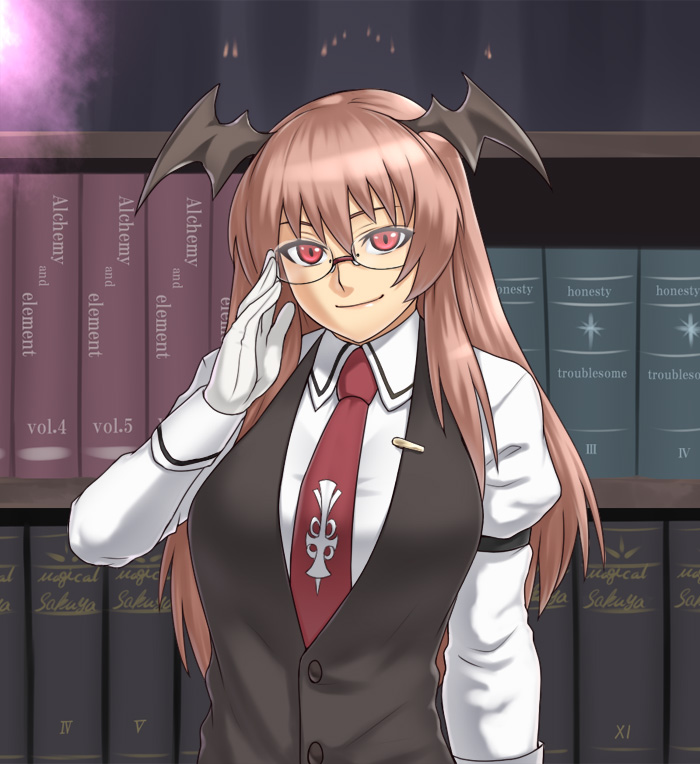 houtengeki, koakuma, embodiment of scarlet devil, touhou, 1girl, adjusting eyewear, bat wings, bespectacled, breasts, female focus, glasses, gloves, head wings, indoors, red eyes, solo, wings