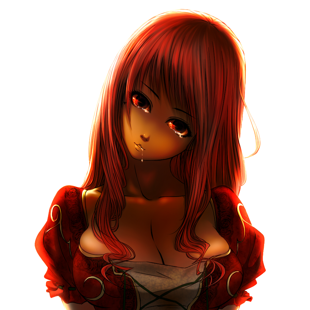 yasushi shin izumi, 1girl, breasts, drooling, female focus, huge breasts, red eyes, red hair, saliva, simple background, solo, tears