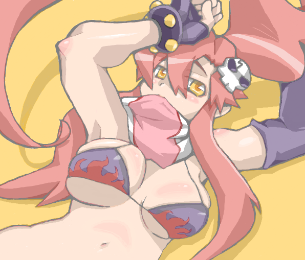 fujimaru ao, yoko littner, tengen toppa gurren lagann, 00s, 1girl, armpits, arms up, bikini, bikini top only, breasts, female focus, fingerless gloves, gloves, hair ornament, large breasts, ponytail, red hair, scarf, solo, swimsuit, underboob, yellow eyes