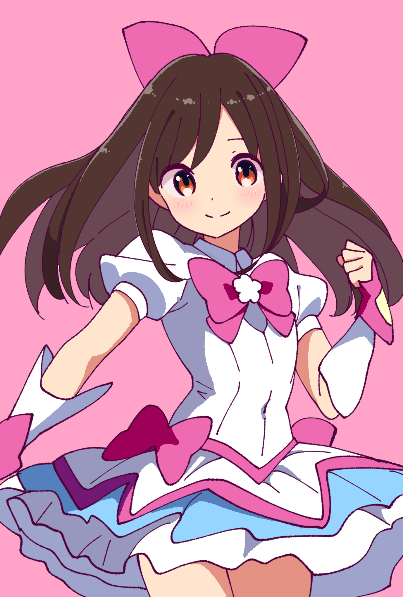 katsuwo (cr66g), hitori bocchi, hitoribocchi no marumaru seikatsu, commentary request, highres, 1girl, alternate costume, blush, bow, brown hair, closed mouth, covered navel, cowboy shot, dot nose, dress, dress bow, elbow gloves, fingerless gloves, gloves, hair bow, hand up, happy, long hair, looking at viewer, magical girl, pink background, pink bow, puffy short sleeves, puffy sleeves, red eyes, short sleeves, sidelocks, simple background, smile, solo, split mouth, white dress, white gloves