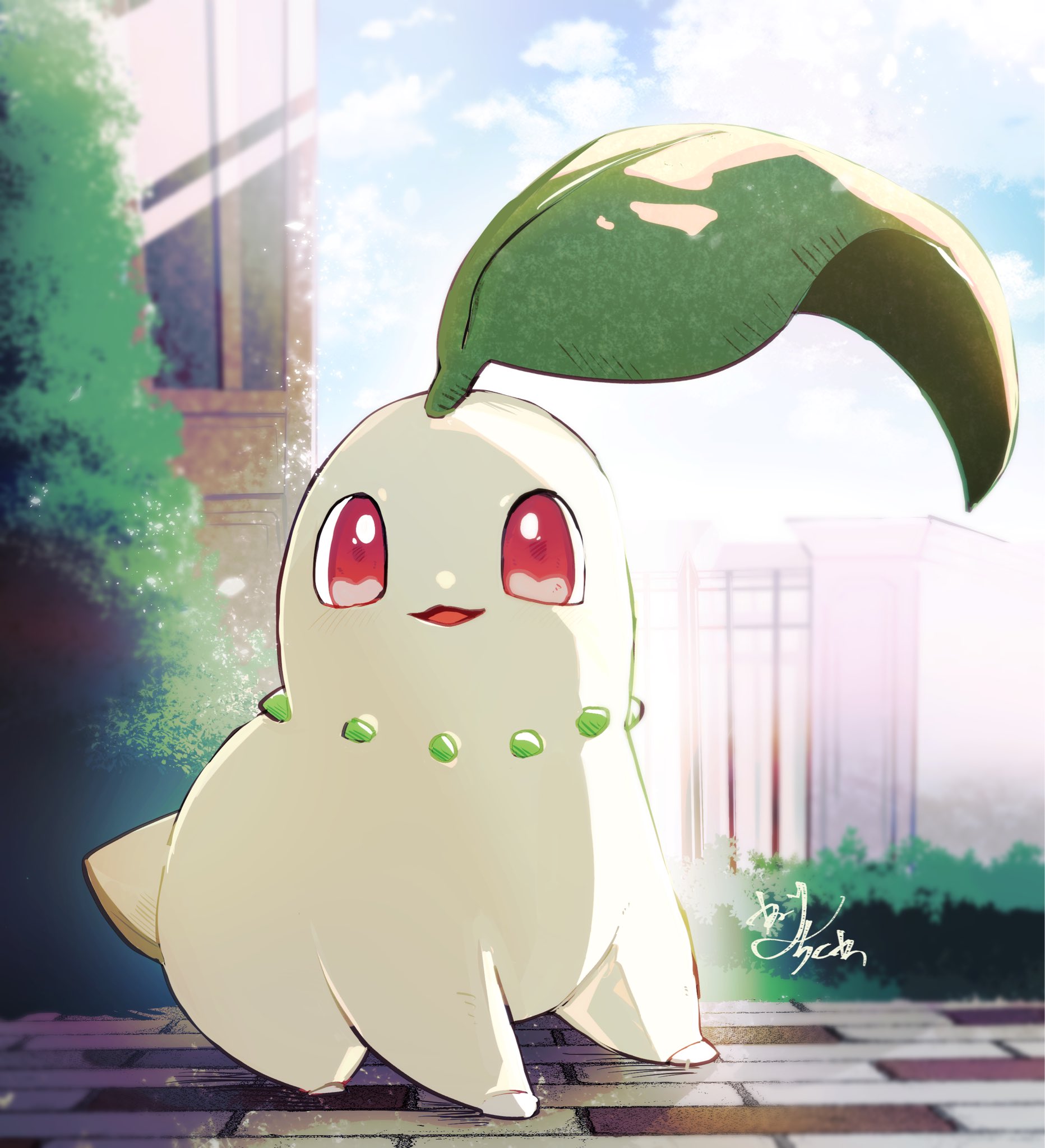 banchiku, chikorita, nintendo, pokemon, pokemon legends: z-a, commentary request, highres, blue sky, blurry, blurry background, brick floor, building, bush, city, cloud, cloudy sky, colored skin, full body, gen 2 pokemon, green skin, leaf, leaf on head, looking at viewer, no humans, open mouth, outdoors, pokemon (creature), pokemon focus, red eyes, signature, sky, solo