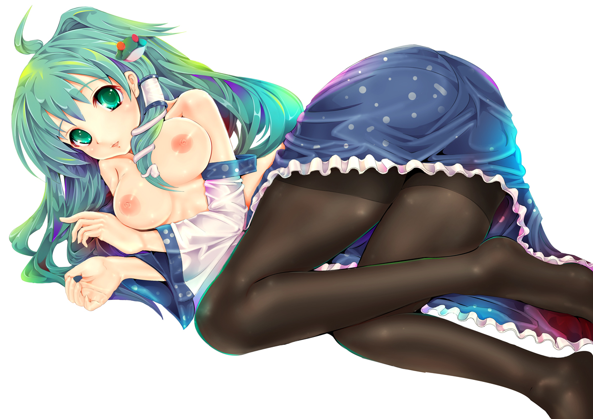 teruru, kochiya sanae, touhou, 1girl, blush, breasts, detached sleeves, feet, female focus, green eyes, green hair, large breasts, long hair, lying, matching hair/eyes, nipples, pantyhose, solo, topless female