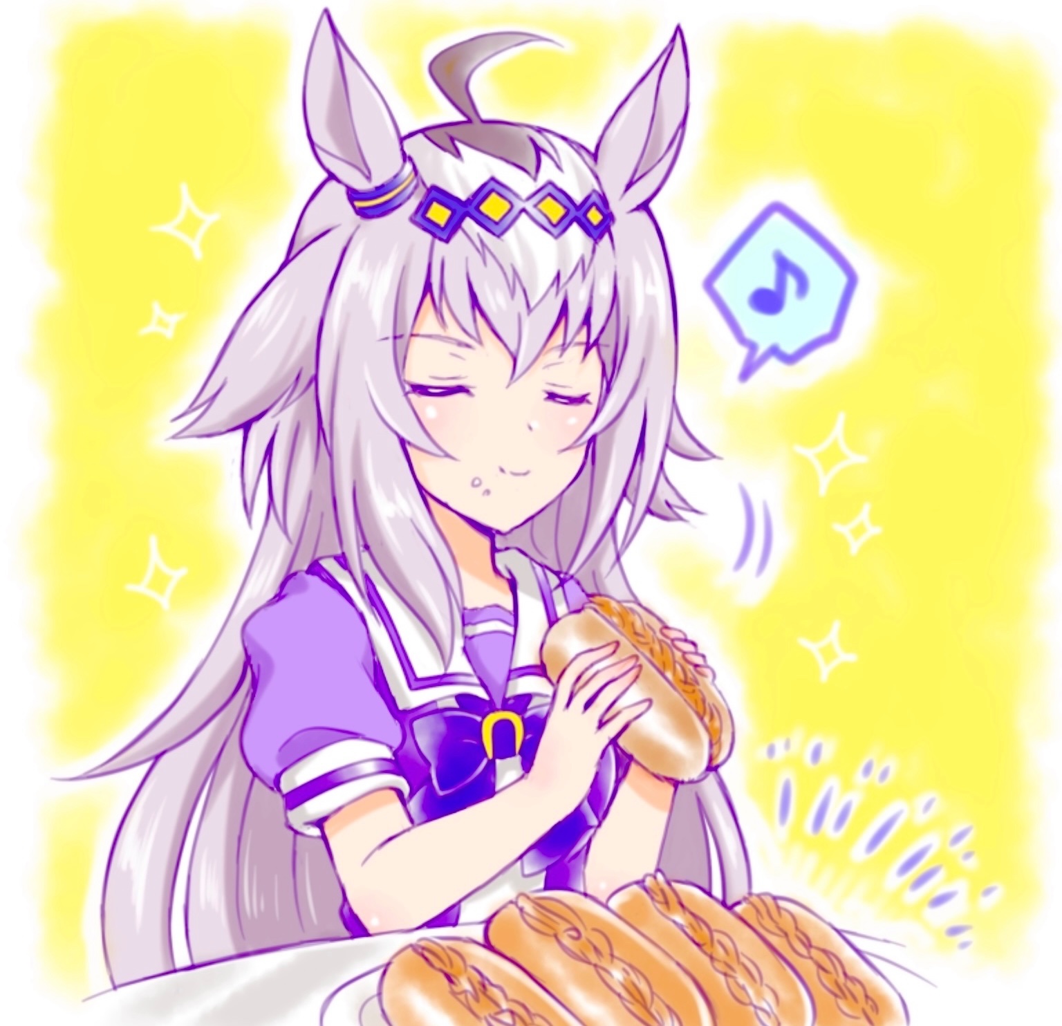 kuromori yako, oguri cap (umamusume), umamusume, highres, 1girl, ahoge, animal ears, blush, bow, bowtie, closed eyes, closed mouth, crumbs, ear ornament, eating, food, food on face, grey hair, hair between eyes, hair ornament, hairband, holding, holding food, horse ears, horse girl, long hair, multicolored hair, musical note, plate, puffy short sleeves, puffy sleeves, purple bow, purple bowtie, purple shirt, sailor collar, sailor shirt, sandwich, school uniform, shirt, short sleeves, smile, speech bubble, spoken musical note, tracen school uniform, upper body, white sailor collar