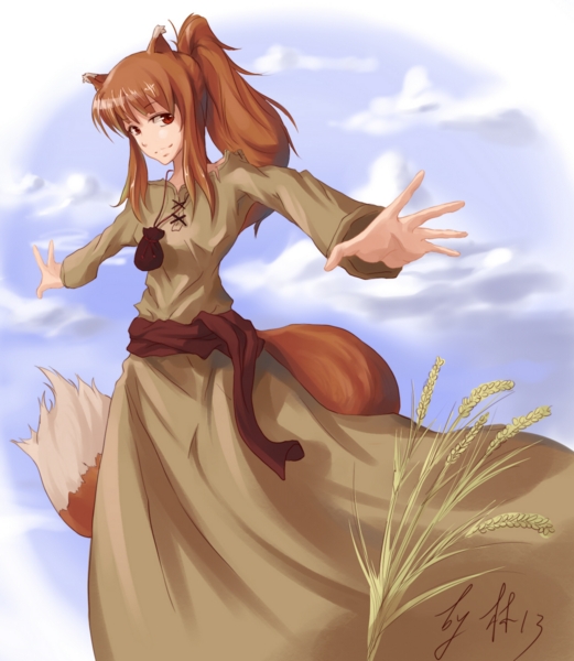 fortal, holo, spice and wolf, 00s, animal ears, brown hair, dress, long hair, ponytail, red eyes, solo, tail, wheat, wolf ears, wolf tail