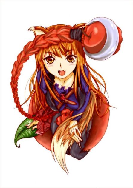 minakami junta, holo, spice and wolf, 00s, animal ears, apple, brown eyes, brown hair, dress, fang, food, fruit, long hair, sitting, tail, wolf ears, wolf tail