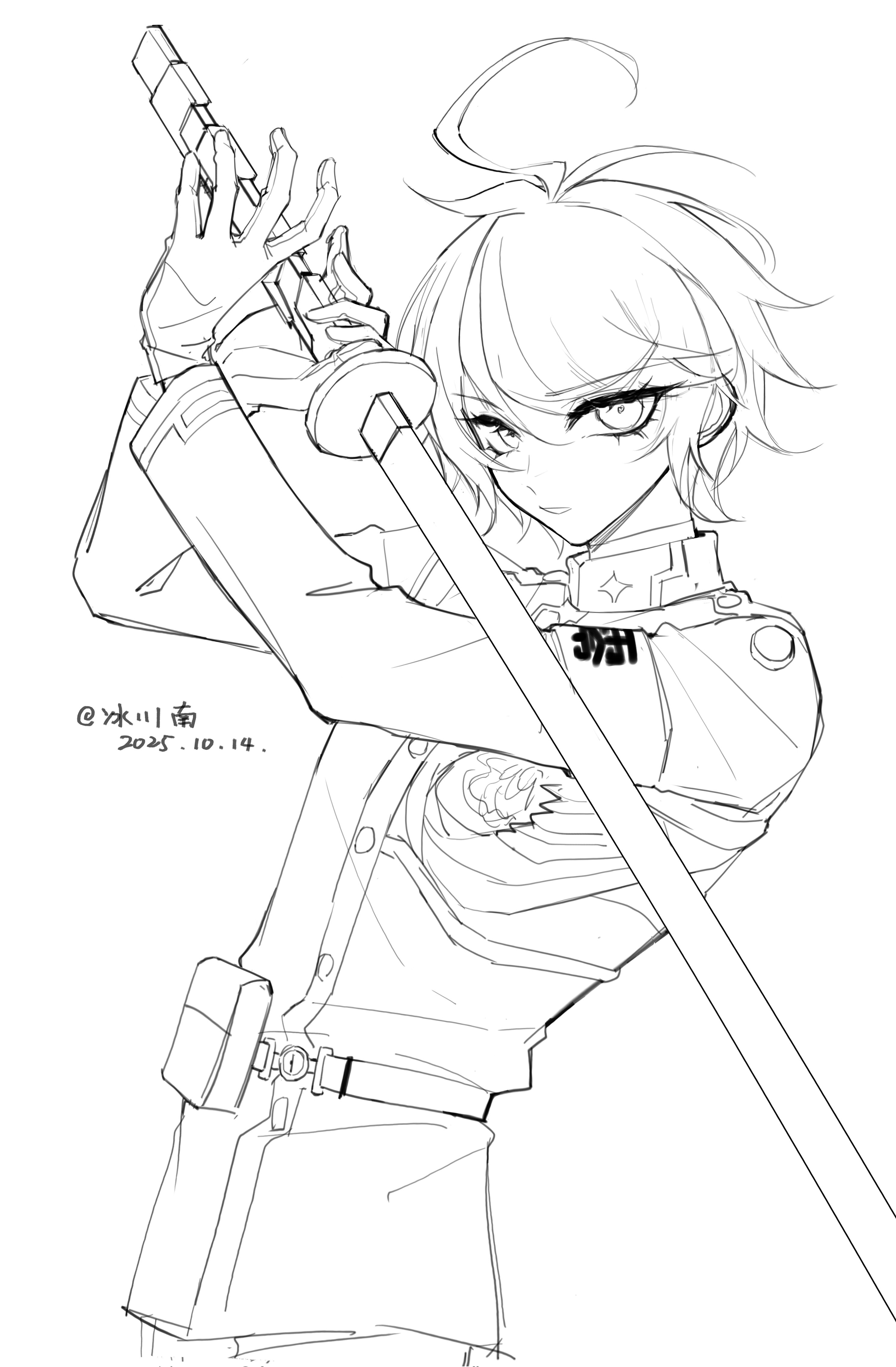 sumino takumi, the hundred line -last defense academy-, absurdres, chinese commentary, commentary request, highres, 1boy, ahoge, bcn57299, belt, belt pouch, buttons, dated, eyelashes, gakuran, gloves, greyscale, holding, holding sword, holding weapon, jacket, last defense academy school uniform, long sleeves, male focus, monochrome, pouch, school uniform, short hair, simple background, solo, sword, upper body, weapon, white background