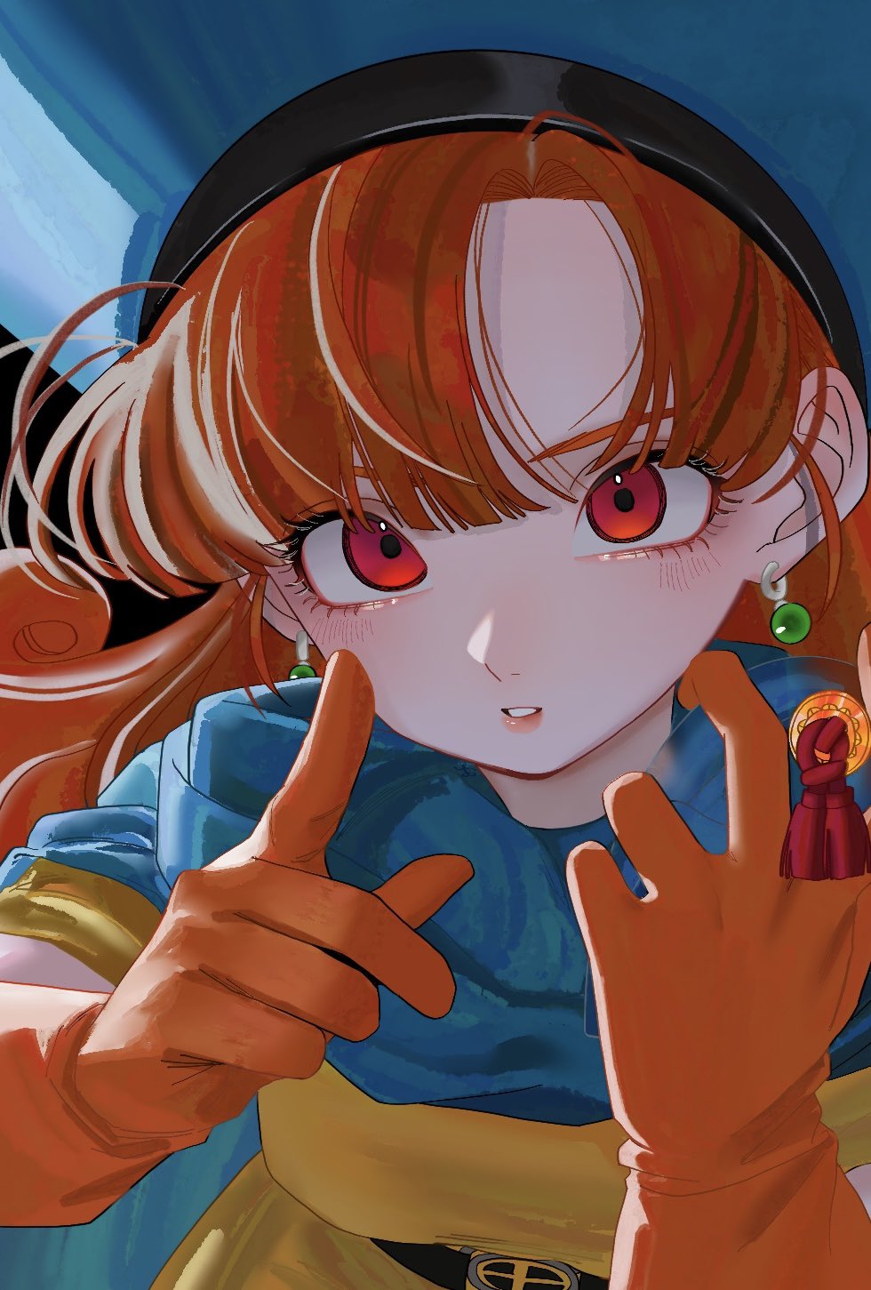 okita (sukult 4), alena (dq4), dragon quest, dragon quest iv, highres, 1girl, belt, black belt, blue cape, blue hat, blunt bangs, blush, cape, cape hold, curly hair, dress, earrings, eyelashes, gloves, hat, jewelry, long hair, looking at viewer, orange gloves, orange hair, parted lips, pink lips, red eyes, solo, sphere earrings, tunic, upper body, yellow dress, yellow tunic
