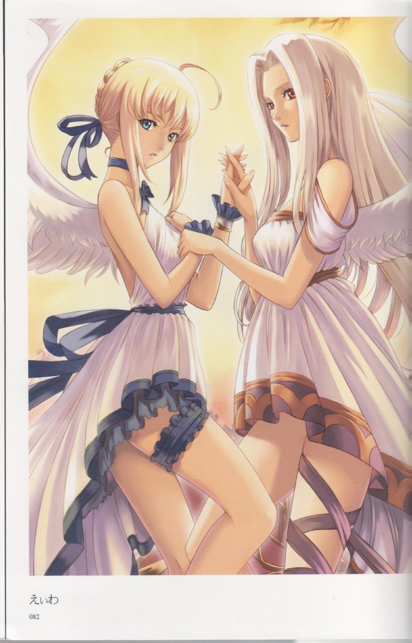 artoria pendragon (fate), irisviel von einzbern, saber (fate), fate/stay night, fate (series), highres, 00s, 2girls, angel, angel wings, blonde hair, blue eyes, dress, long hair, multiple girls, red eyes, white hair, wings