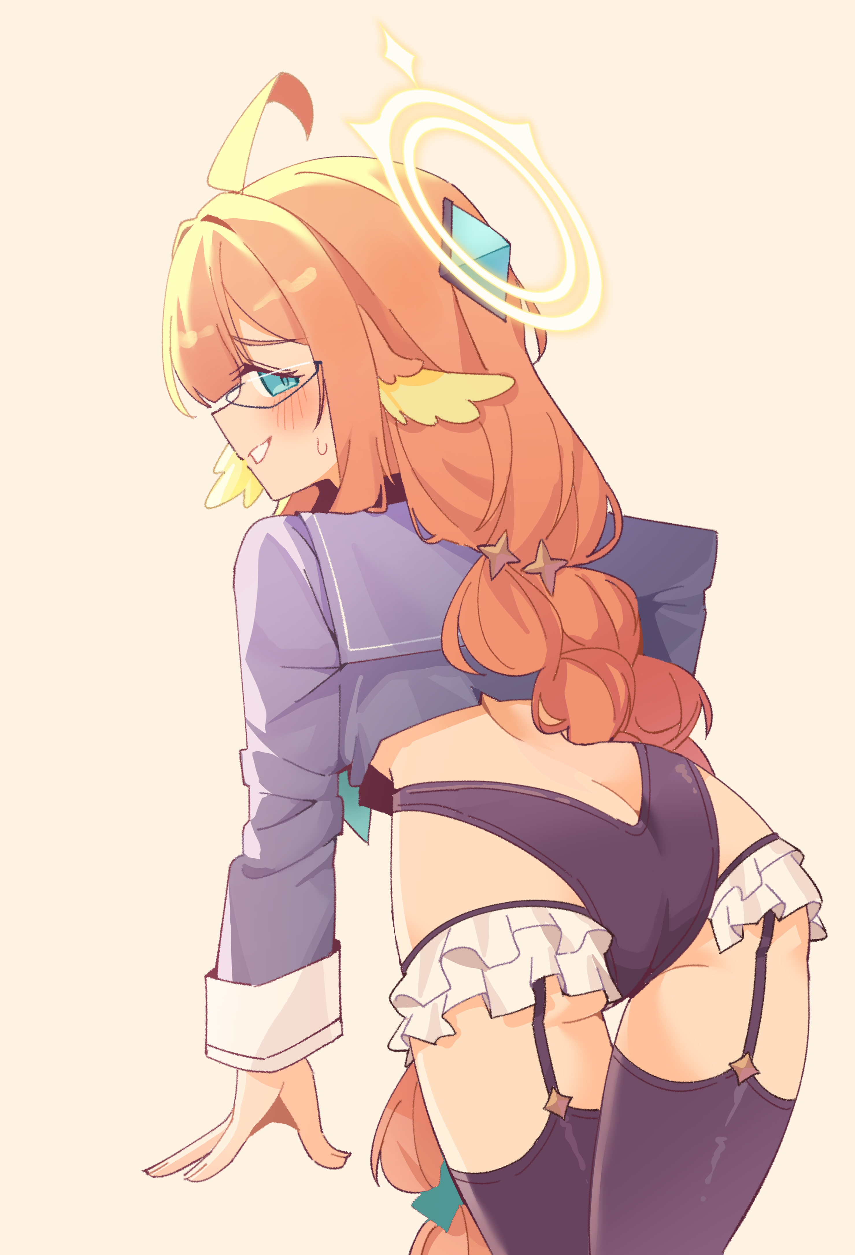 chokkon, shimiko (blue archive), blue archive, absurdres, commentary, highres, 1girl, ahoge, ass, black leotard, black thighhighs, blue eyes, blue sailor collar, blue shirt, blush, braid, cowboy shot, cropped shirt, frills, garter straps, glasses, halo, leotard, long hair, long sleeves, looking at viewer, looking back, orange hair, parted lips, sailor collar, sailor shirt, shimiko (magical) (blue archive), shirt, solo, thighhighs, very long hair, yellow halo
