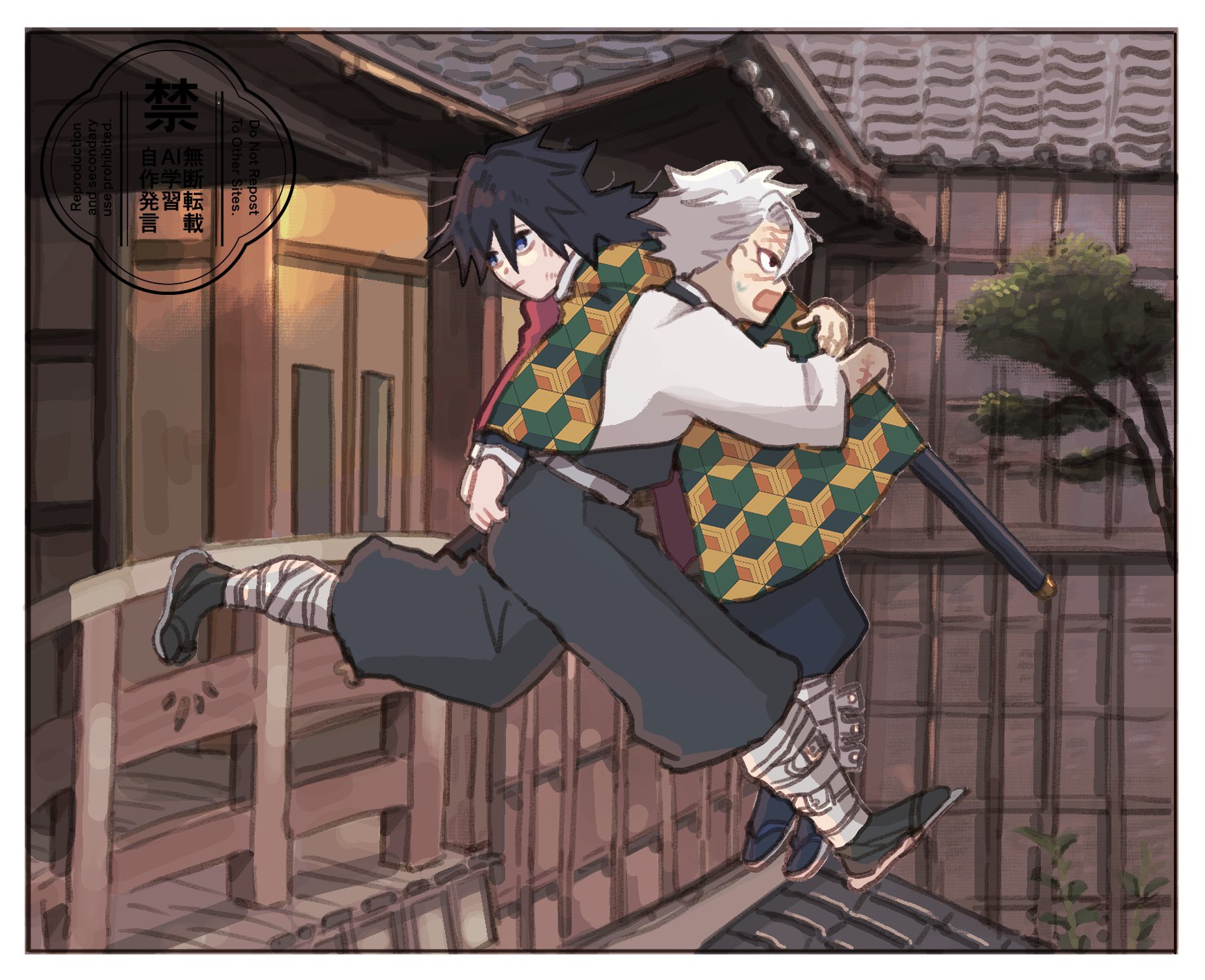 shinazugawa sanemi, tomioka giyuu, kimetsu no yaiba, highres, 2boys, black hair, black jacket, black socks, blue eyes, boooooosssssstr, carrying, carrying person, demon slayer uniform, grey hair, haori, high collar, jacket, japanese clothes, kikkoumon, low ponytail, male focus, multiple boys, open mouth, ponytail, print haori, red haori, sandals, scabbard, sheath, short hair, socks, spiked hair