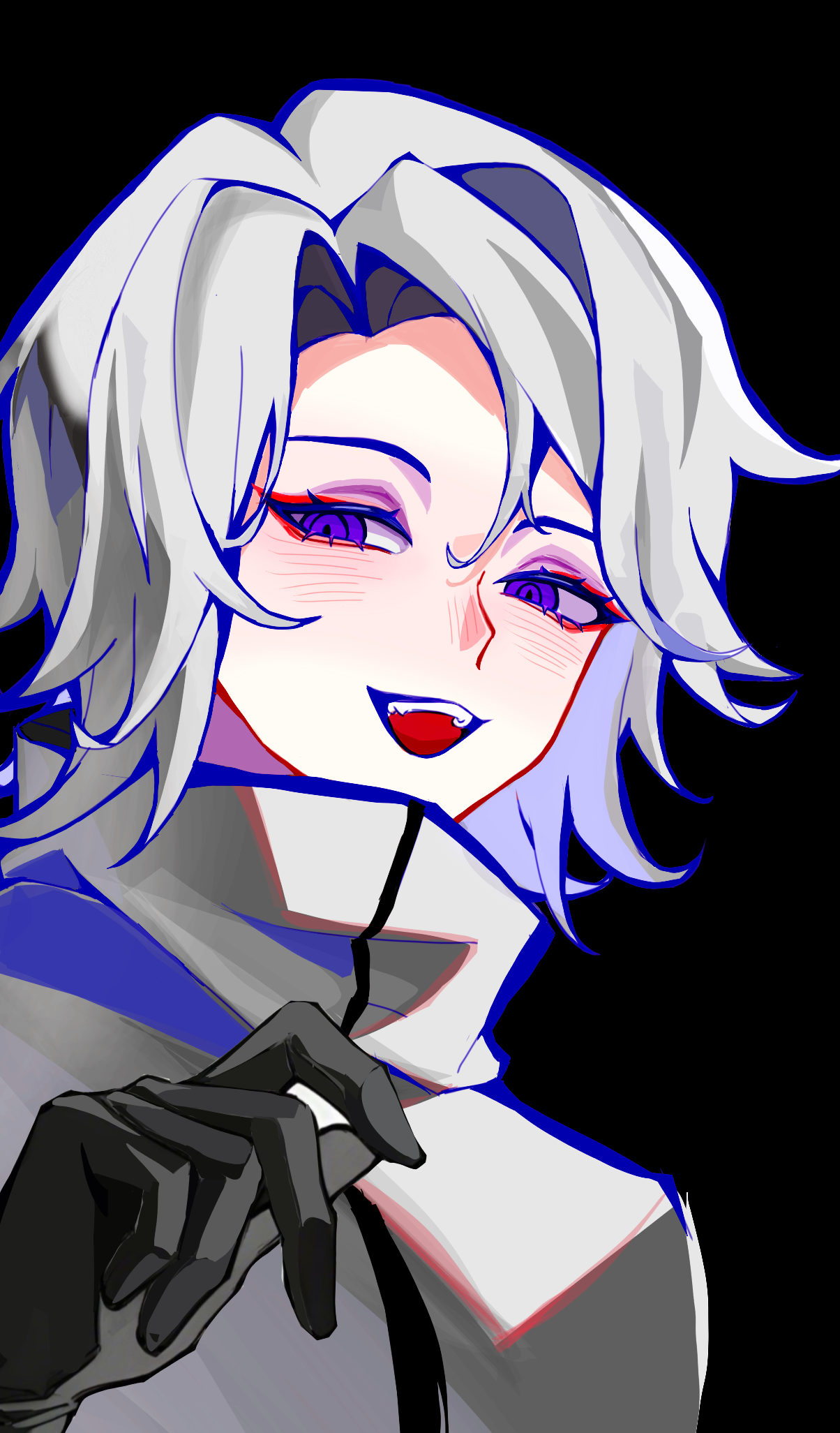 aotsuki eito, the hundred line -last defense academy-, chinese commentary, commentary request, highres, variant set, 1837055717, 1boy, alternate hairstyle, black background, black gloves, downcast eyes, evil grin, evil smile, eyeliner, gloves, grey hair, grin, jacket, looking at viewer, makeup, male focus, no eyewear, purple eyes, red eyeliner, short hair, simple background, smile, solo, teeth, upper body, upper teeth only, white jacket