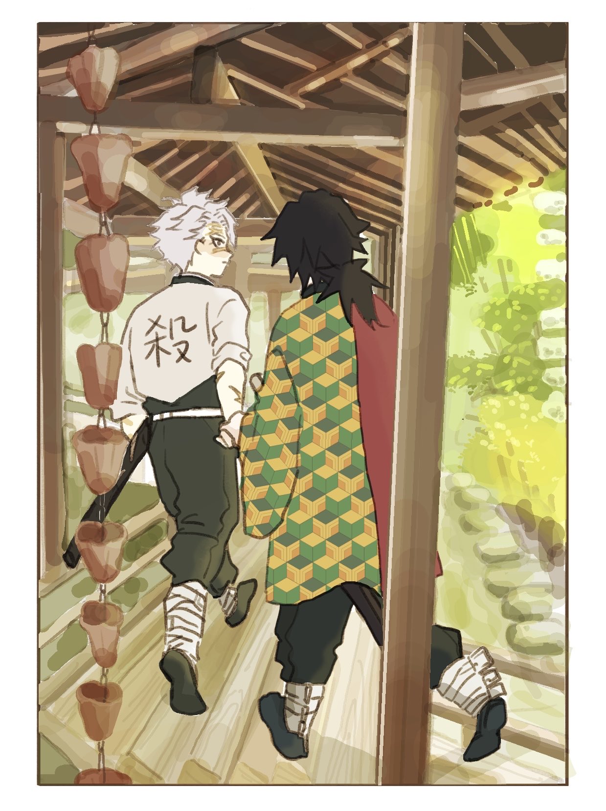shinazugawa sanemi, tomioka giyuu, kimetsu no yaiba, highres, 2boys, black hair, black jacket, boooooosssssstr, demon slayer uniform, from behind, full body, grey hair, haori, high collar, holding hands, jacket, japanese clothes, kikkoumon, low ponytail, male focus, multiple boys, ponytail, print haori, red haori, short hair, spiked hair, walking