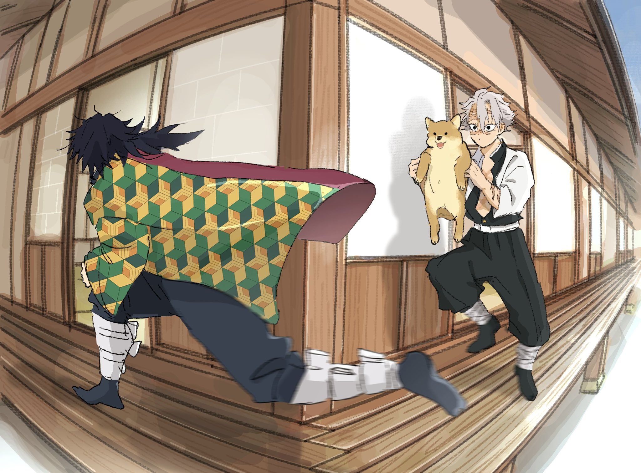 shinazugawa sanemi, tomioka giyuu, kimetsu no yaiba, highres, 2boys, animal, black hair, black jacket, blue eyes, boooooosssssstr, demon slayer uniform, dog, full body, grey hair, haori, high collar, holding, holding animal, holding dog, jacket, japanese clothes, kikkoumon, low ponytail, male focus, multiple boys, ponytail, print haori, red haori, short hair, spiked hair