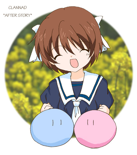 tsukimiya misha, okazaki ushio, clannad, dango daikazoku, lowres, 00s, brown hair, closed eyes, dango, food, school uniform, short hair, solo, wagashi