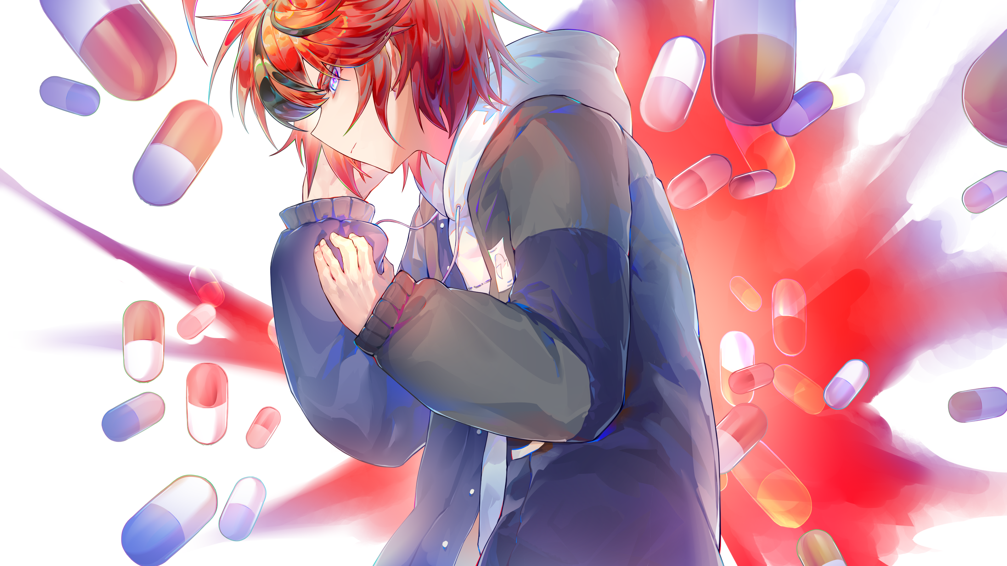 sumino takumi, the hundred line -last defense academy-, absurdres, chinese commentary, commentary request, highres, 1boy, black hair, blue eyes, blue jacket, closed mouth, drawstring, eyes visible through hair, grey jacket, hood, hood down, hoodie, jacket, jacket over hoodie, long sleeves, male focus, multicolored hair, multicolored jacket, open clothes, open jacket, pill, red hair, short hair, solo, streaked hair, two-tone hair, two-tone jacket, upper body, white hoodie, zhouweiyougeshabao