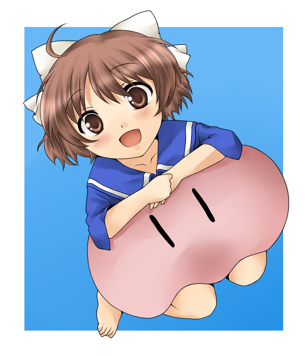 rik t, okazaki ushio, clannad, dango daikazoku, bad id, bad pixiv id, 00s, barefoot, brown eyes, brown hair, dango, food, looking up, school uniform, short hair, smile, solo, wagashi