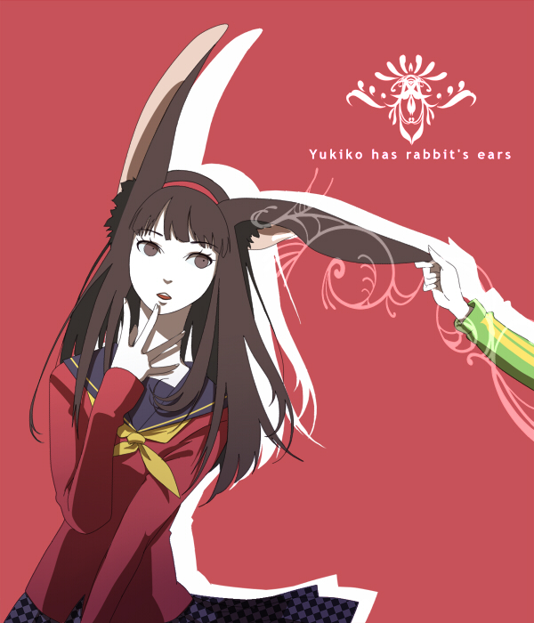 eeteru, amagi yukiko, satonaka chie, atlus, persona, persona 4, animal ears, black hair, brown eyes, hairband, jacket, long hair, rabbit ears, school uniform, serafuku, track jacket