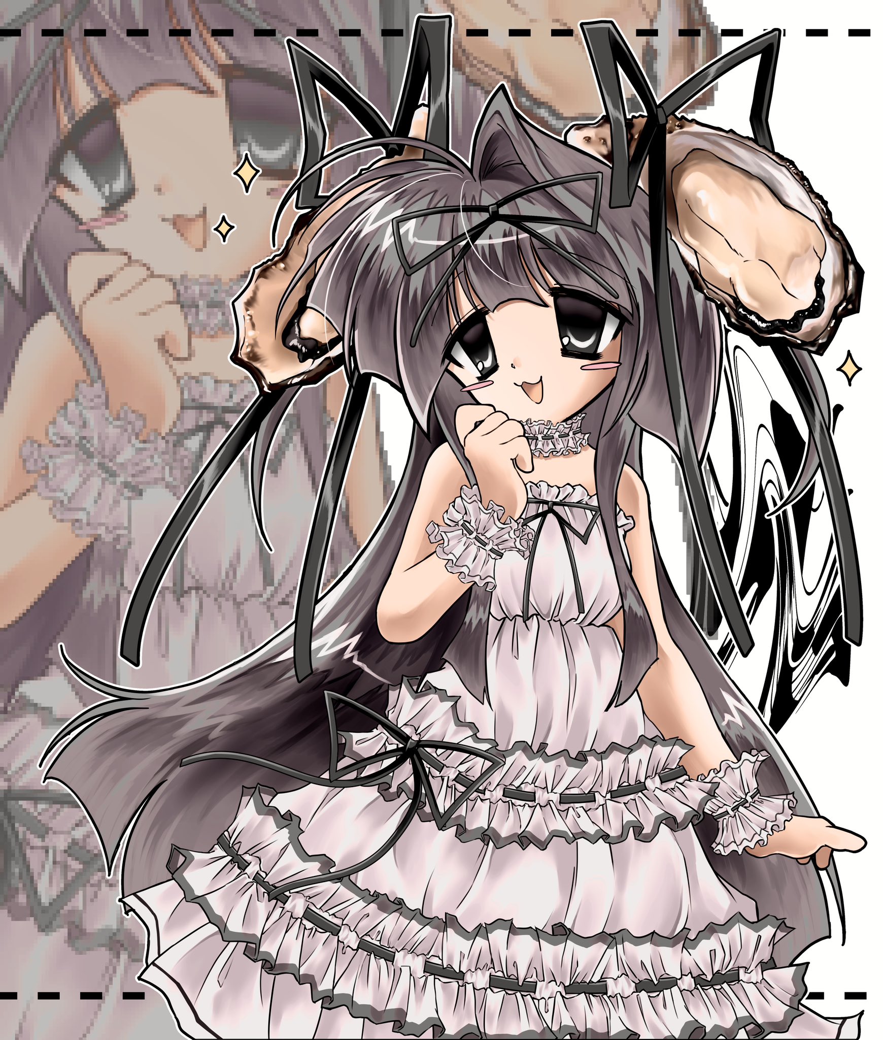 solnpass, original, commentary request, highres, 1girl, 2000s (style), :3, ahoge, bare shoulders, black ribbon, blush stickers, brown hair, choker, dashed border, dress, dress ribbon, frilled choker, frilled cuffs, frilled dress, frills, grey eyes, hair intakes, hair ornament, hair ribbon, hand up, long hair, long sidelocks, open mouth, outside border, oyster, ribbon, shell, shell hair ornament, sidelocks, solo, sparkle, very long hair, white background, white dress, zoom layer