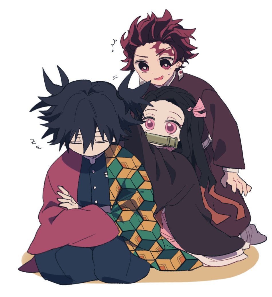 kamado nezuko, kamado tanjirou, tomioka giyuu, kimetsu no yaiba, 1girl, 2boys, belt, black hair, black jacket, black pants, buttons, demon slayer uniform, dok9uuu, full body, gold buttons, haori, high collar, jacket, japanese clothes, kikkoumon, low ponytail, multiple boys, pants, ponytail, print haori, red eyes, red hair, red haori, shadow, short hair, simple background, sitting, spiked hair, sweatdrop, white background, white belt