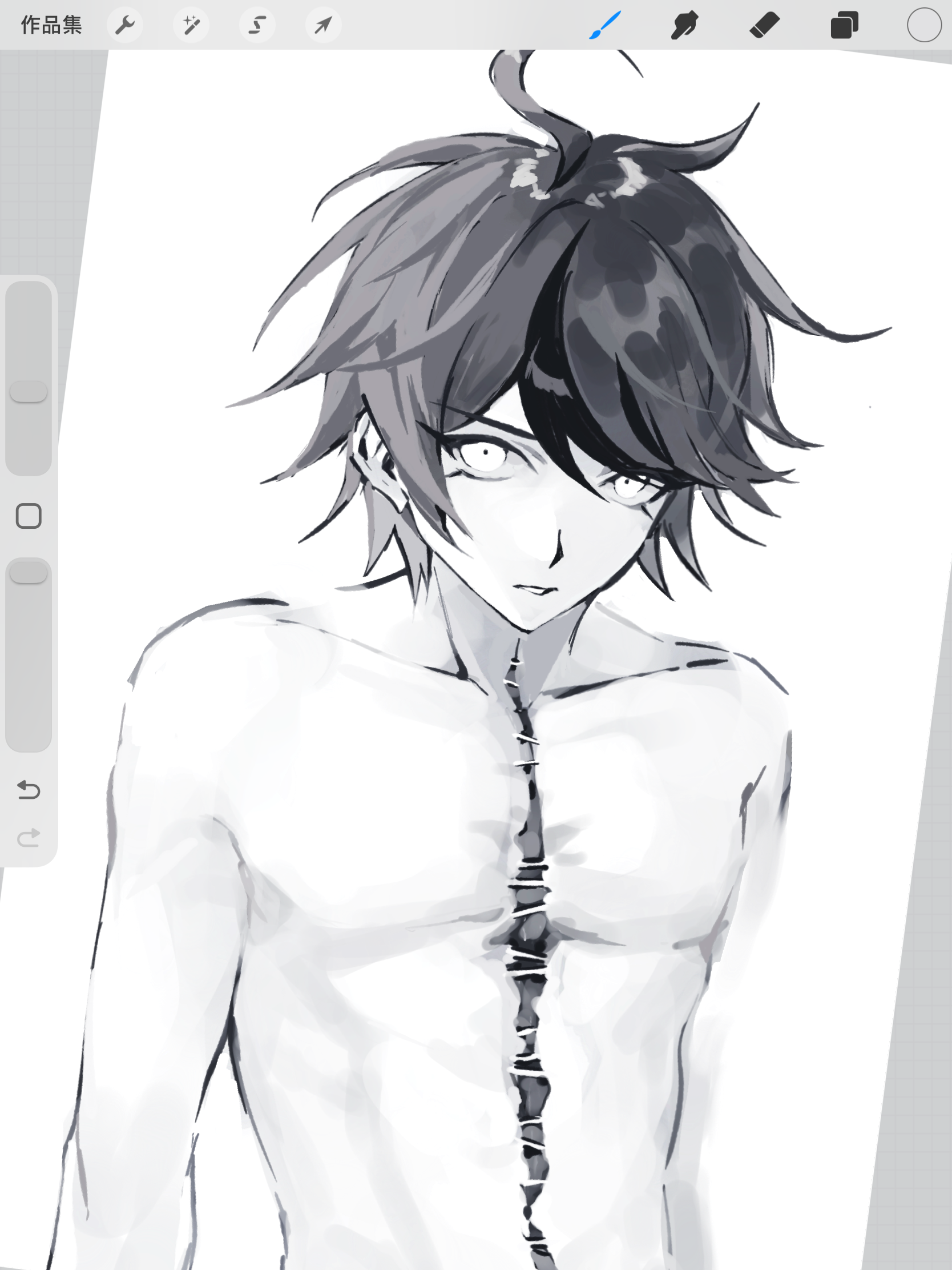 richost, sumino takumi, the hundred line -last defense academy-, highres, procreate (medium), 1boy, ahoge, art program in frame, collarbone, greyscale, male focus, monochrome, multicolored hair, no nipples, nude, procreate (software), sanpaku, scar, scar on chest, short hair, simple background, solo, streaked hair, two-tone hair, upper body, white background