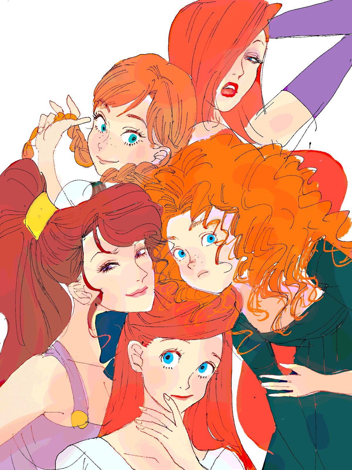 yama18imo, anna (frozen), ariel (disney), jessica rabbit, megara (disney), merida (brave), brave (pixar), disney, frozen (disney), hercules (1997 movie), the little mermaid (disney), who framed roger rabbit, highres, 5girls, bikini, blue eyes, brown eyes, brown hair, curly hair, jewelry, long hair, looking at viewer, multiple girls, orange hair, personification, red hair, shell, shell bikini, simple background, smile, swimsuit