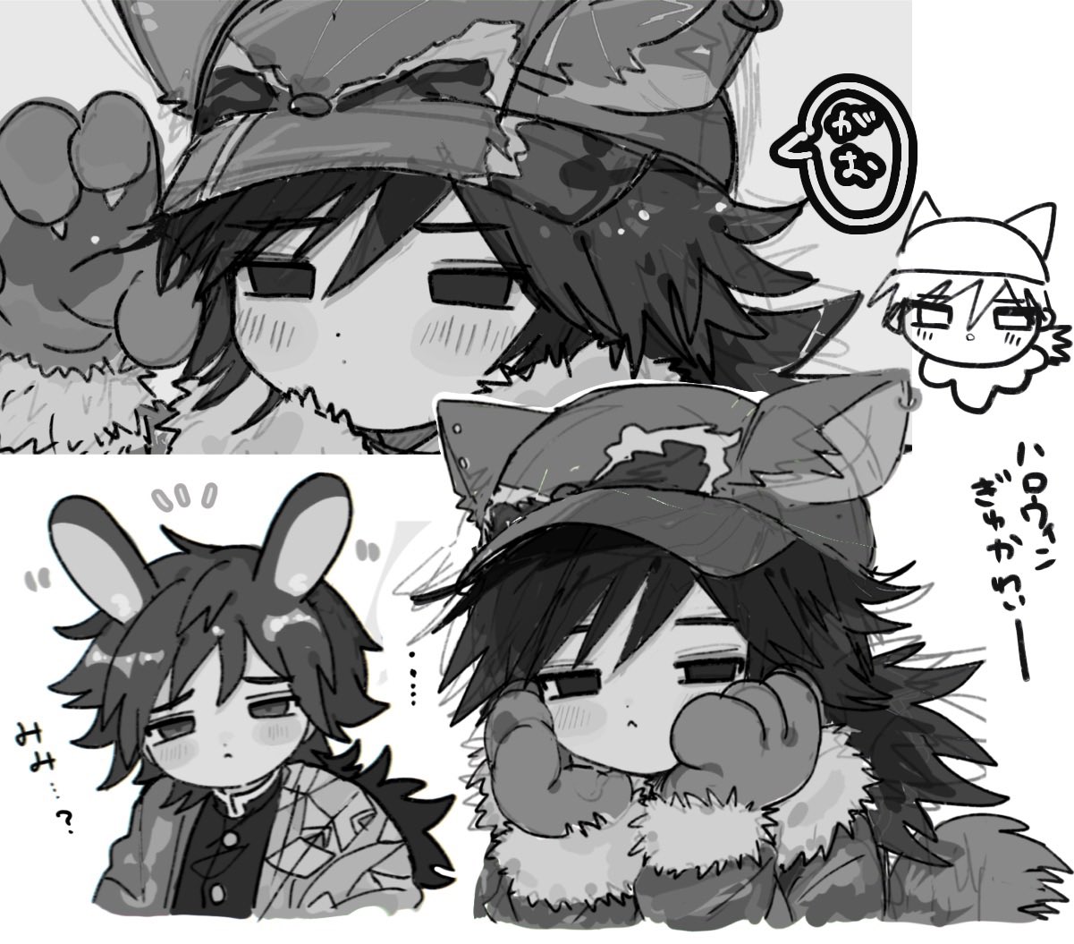 tomioka giyuu, kimetsu no yaiba, translation request, 1boy, alternate costume, animal hands, blush stickers, buttons, demon slayer uniform, gloves, haori, high collar, japanese clothes, kikkoumon, long hair, low ponytail, male focus, multiple views, paw gloves, ponytail, print haori, simple background, solo, speech bubble, spiked hair, usisandao, white background