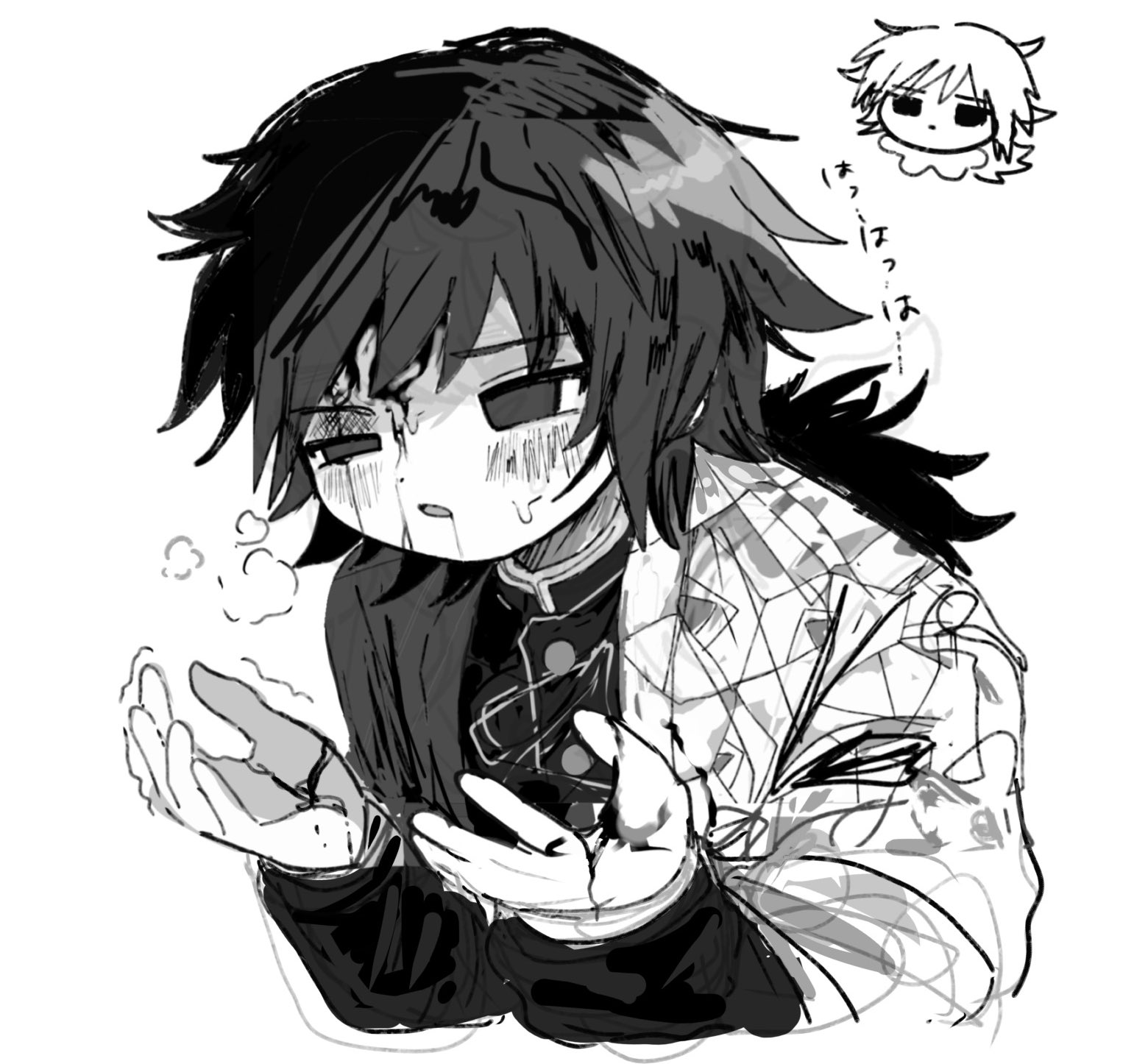 tomioka giyuu, kimetsu no yaiba, highres, translation request, 1boy, blood, blush stickers, buttons, chibi, demon slayer uniform, hands up, haori, high collar, japanese clothes, kikkoumon, long hair, low ponytail, male focus, multiple views, parted lips, ponytail, print haori, simple background, solo, speech bubble, spiked hair, sweat, usisandao, white background