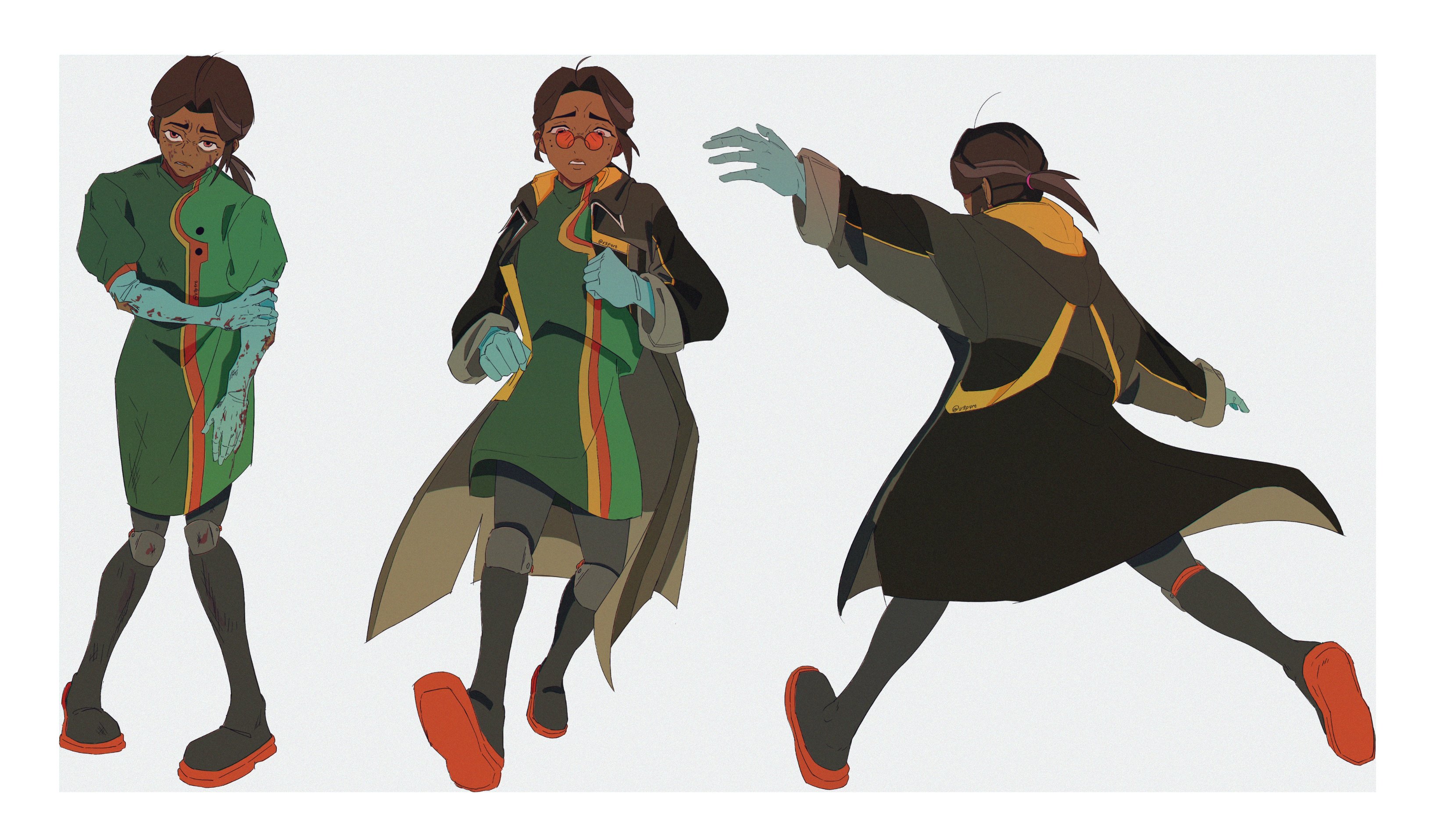 andrea (knights of guinevere), knights of guinevere, absurdres, highres, tagme, 1girl, black hair, coat, dark-skinned female, dark skin, full body, glasses, gloves, long hair, multiple persona, ponytail, shoes, solo, v3p4rt