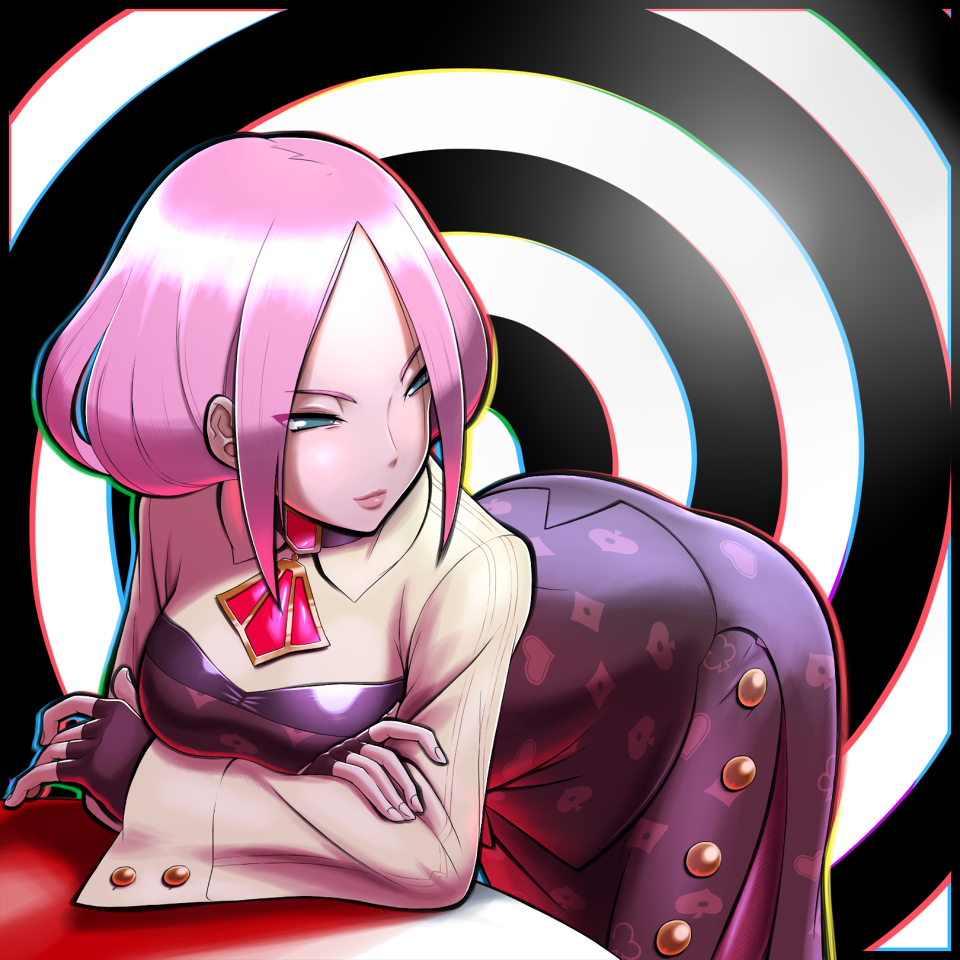 napo, heartless (mega man), mega man (series), mega man star force (series), mega man star force 3, 1girl, bent over, black gloves, black skirt, black vest, blue eyes, closed mouth, croupier, fingerless gloves, gloves, long sleeves, looking to the side, pink hair, short hair, skirt, solo, vest