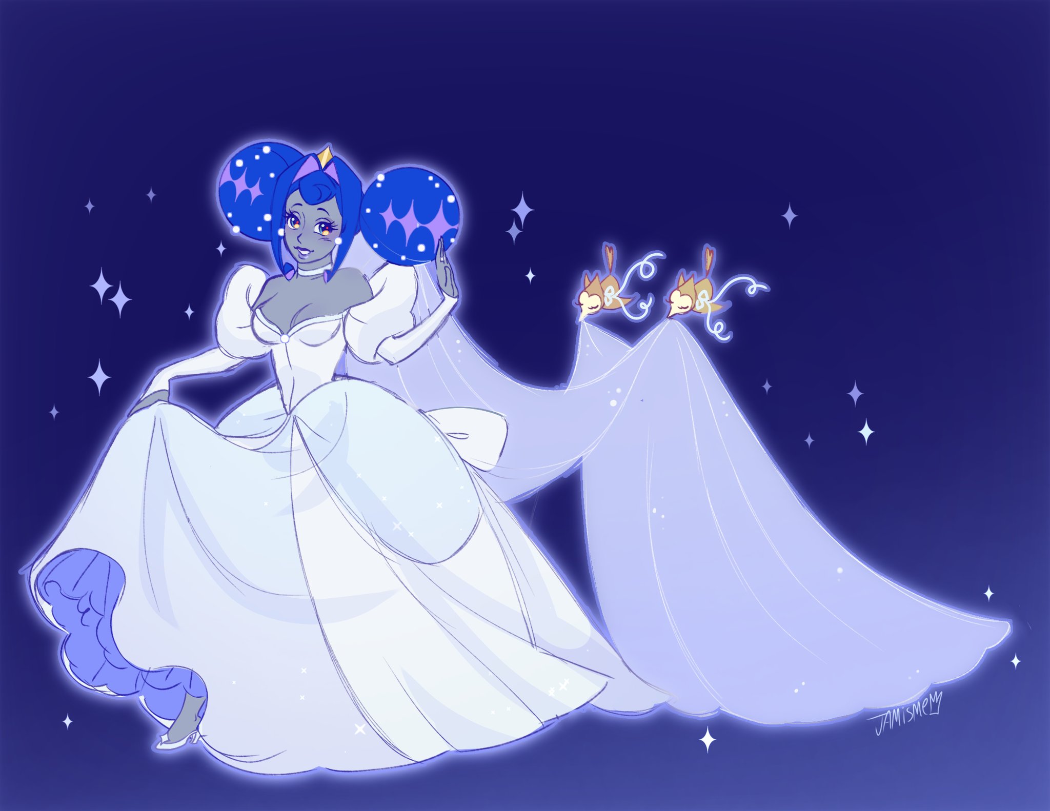 princess guinevere, knights of guinevere, highres, 1girl, bare shoulders, blue hair, breasts, cleavage, colored skin, double bun, dress, gloves, grey skin, hair bun, hair intakes, jamismejamiam, long hair, looking at viewer, makeup, princess, princess dress, smile, solo, white dress