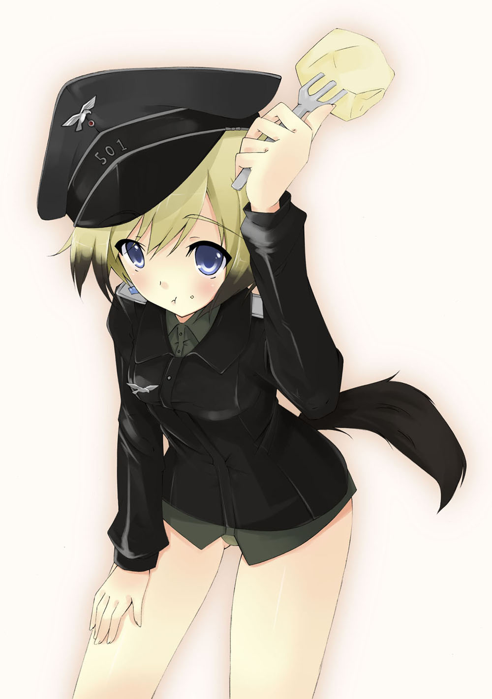 haru (matatabi sanjou), erica hartmann, strike witches, world witches series, uniform, highres, 00s, 1girl, :t, blonde hair, blue eyes, eating, female focus, food, food on face, fork, hat, holding, holding fork, leaning forward, multicolored hair, potato, short hair, solo, tail, two-tone hair